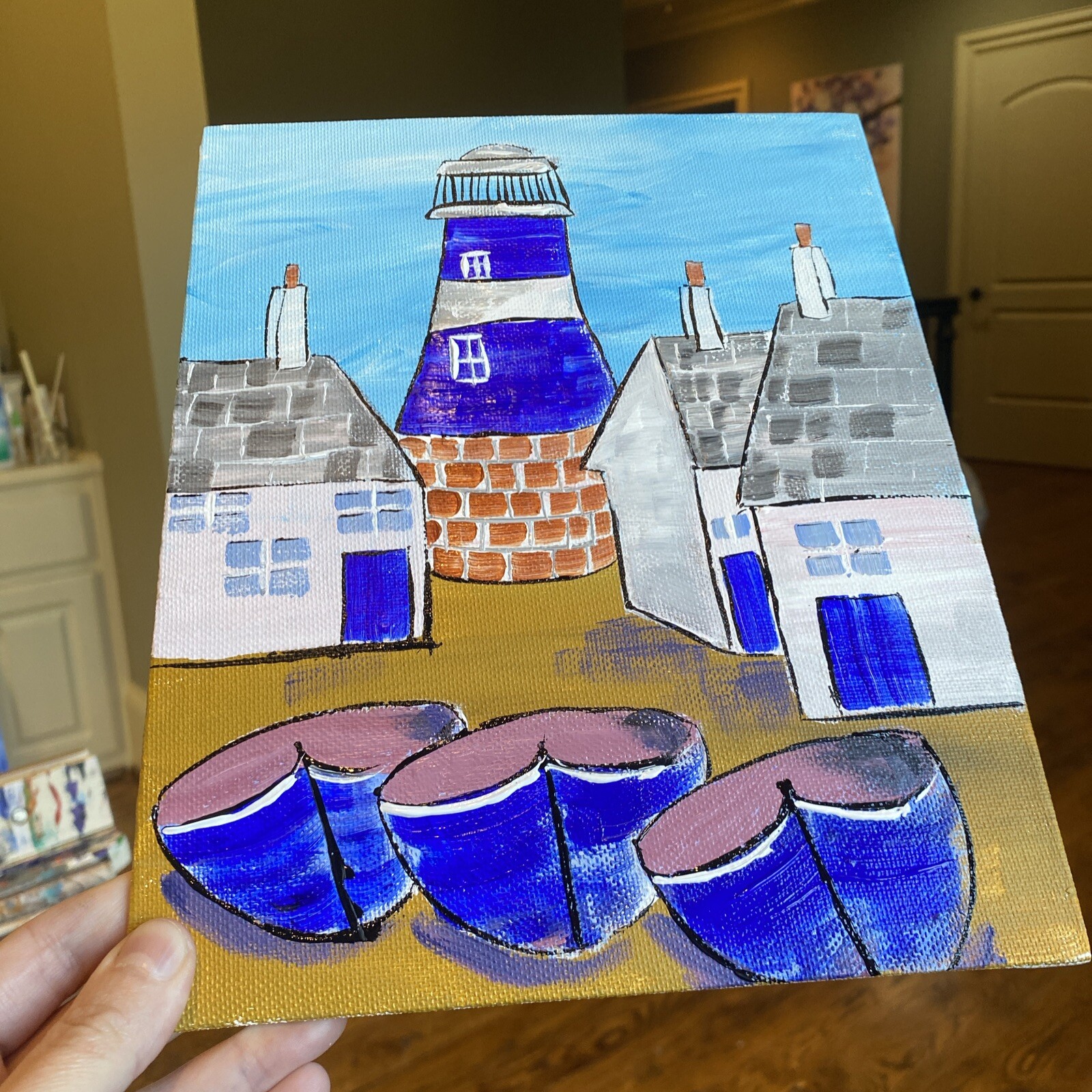 Ship,Boat,lighthouse,paintings on canvas Panel original 8/10, Abstract Seascape