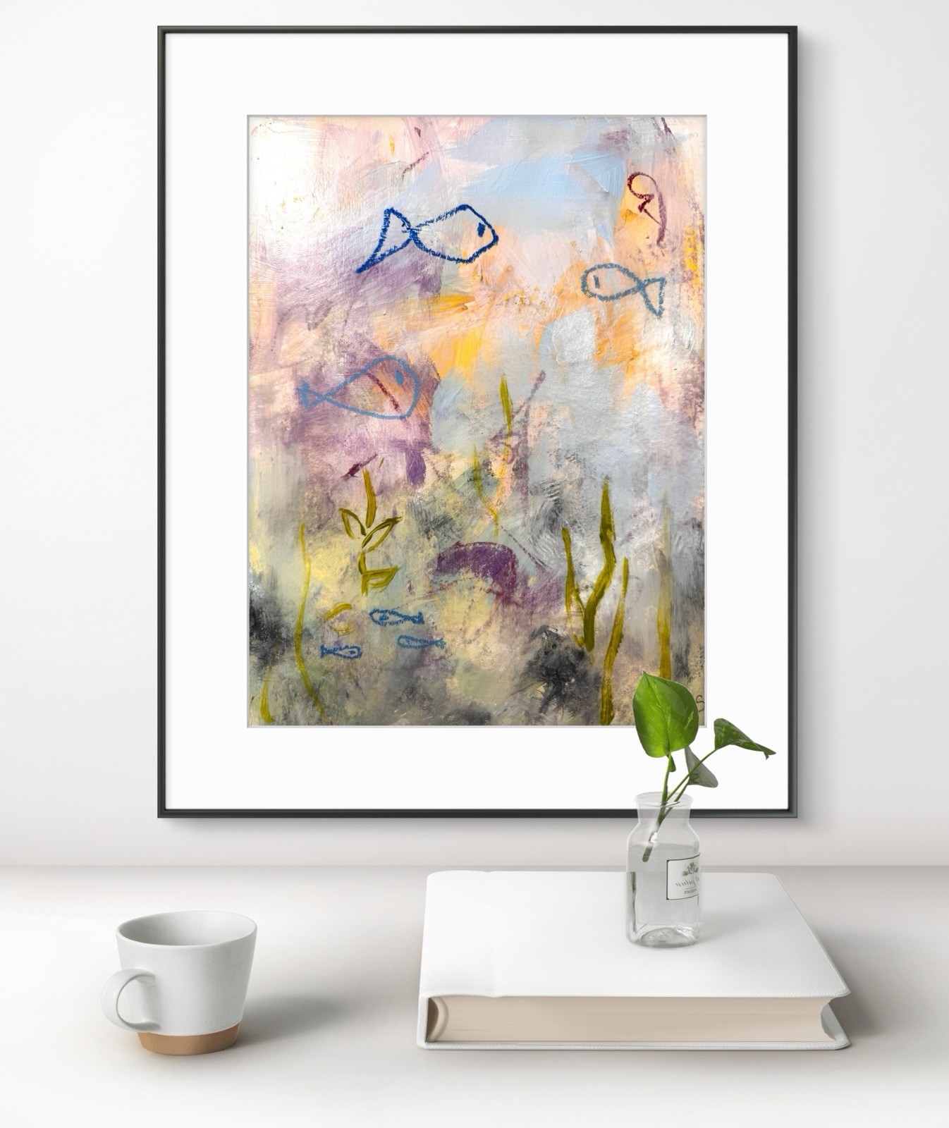 Original Abstract Expressionism 9X12 Fish Pond Paper Colorful Handmade Signed 10