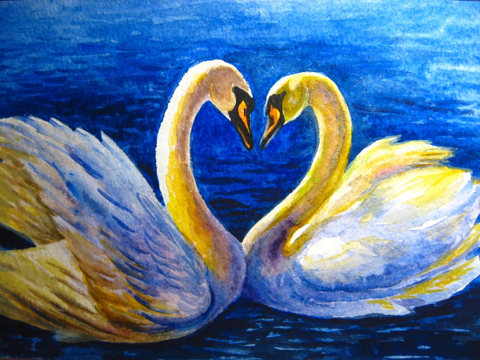Original Watercolor Painting Couple White Swan Lake Bird Feathers 5×7 Art