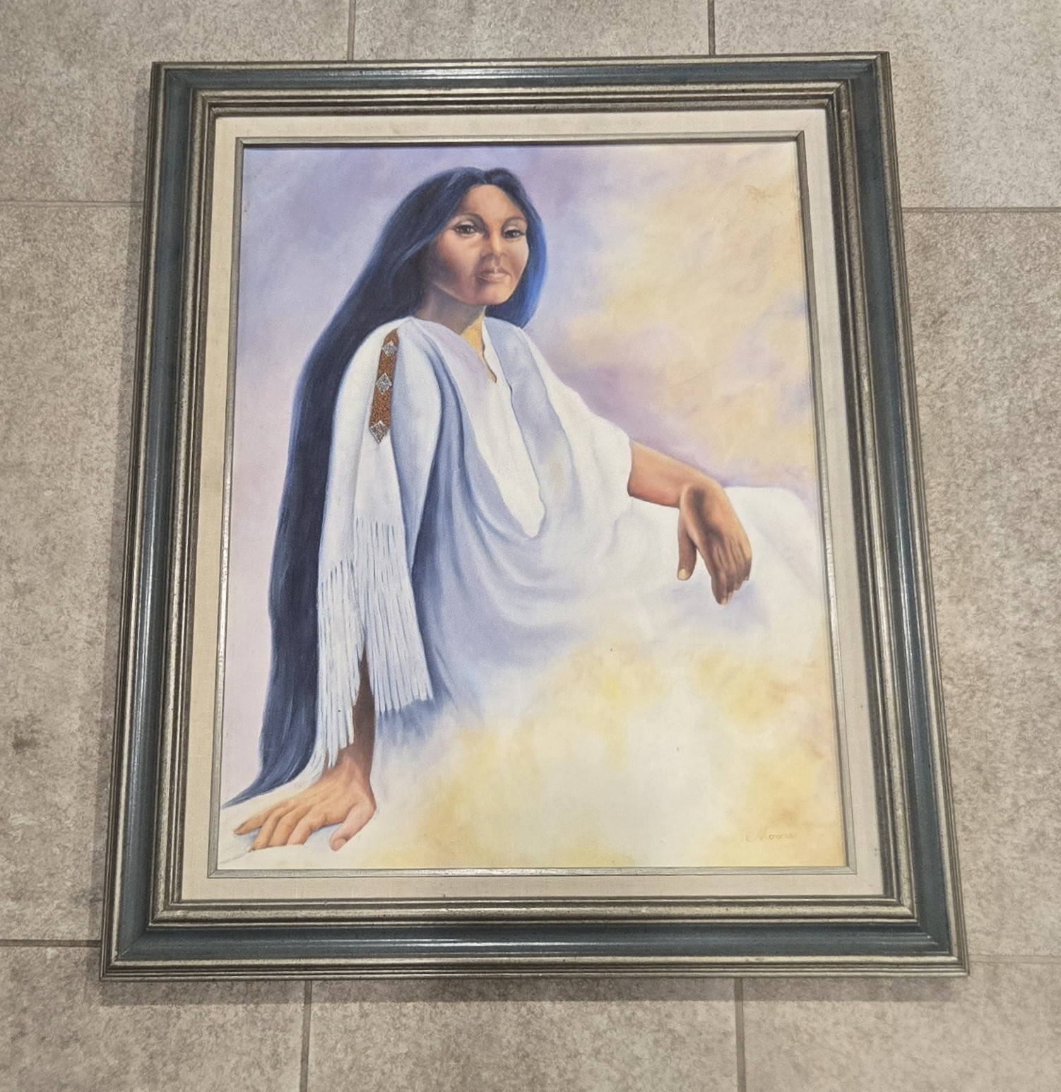 Vtg Native American Woman Portrait Original Painting Signed MOORE Framed 29×23″