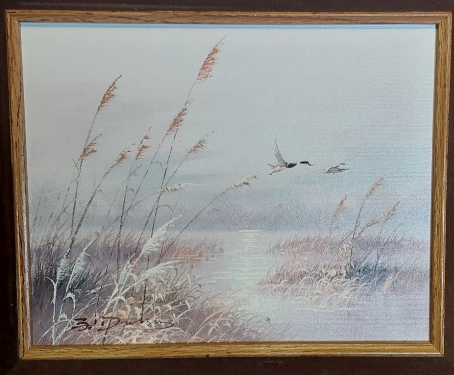 ORIGINAL (B. PRESSLY) OIL ON CANVAS – DUCK PAIR IN FLIGHT – 18 IN X 16 IN FRAMED
