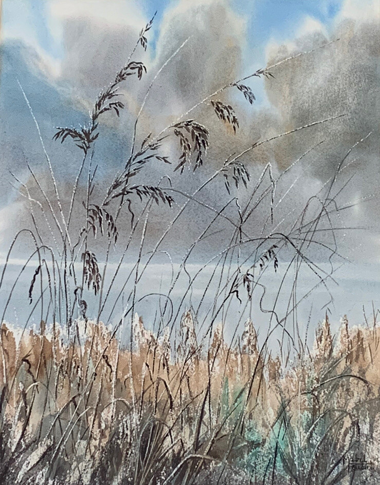 Original Watercolor Painting Florida Landscape Sea Oats Mabel Feucht Vtg