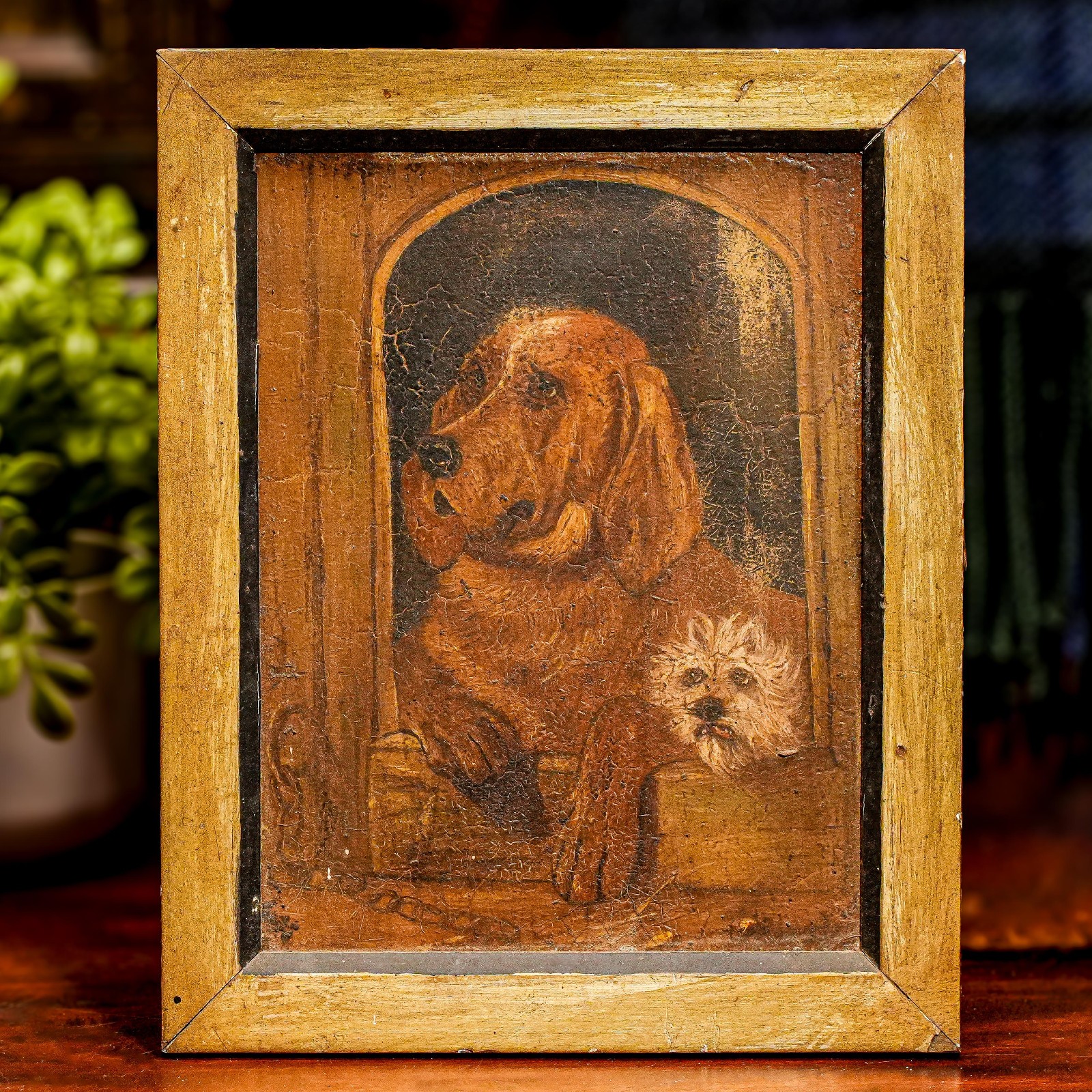 Rustic Antique Animal Portrait Oil Painting Dog House Scene Framed Country