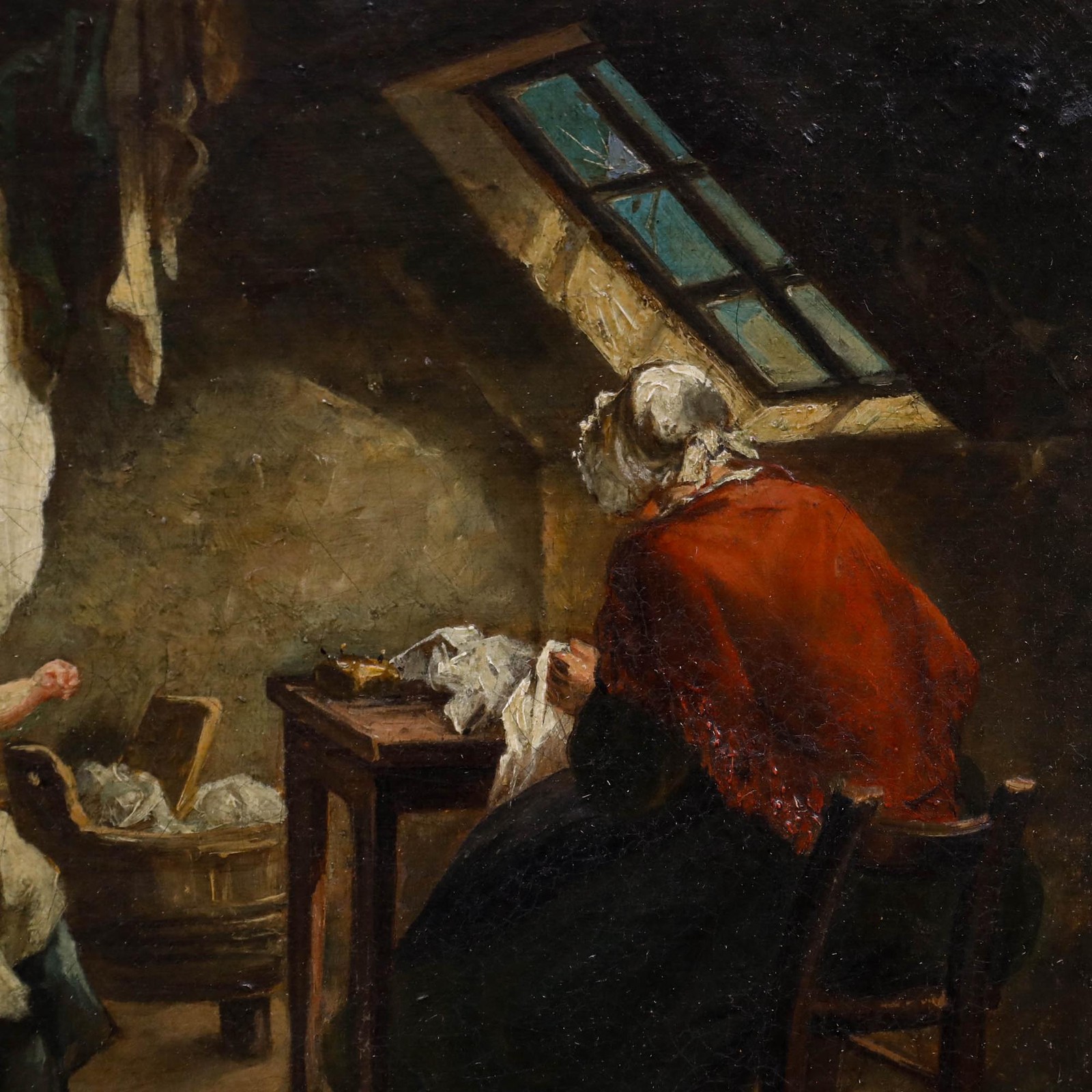 Framed 19th Century Oil – Interior Scene with Women and Baby