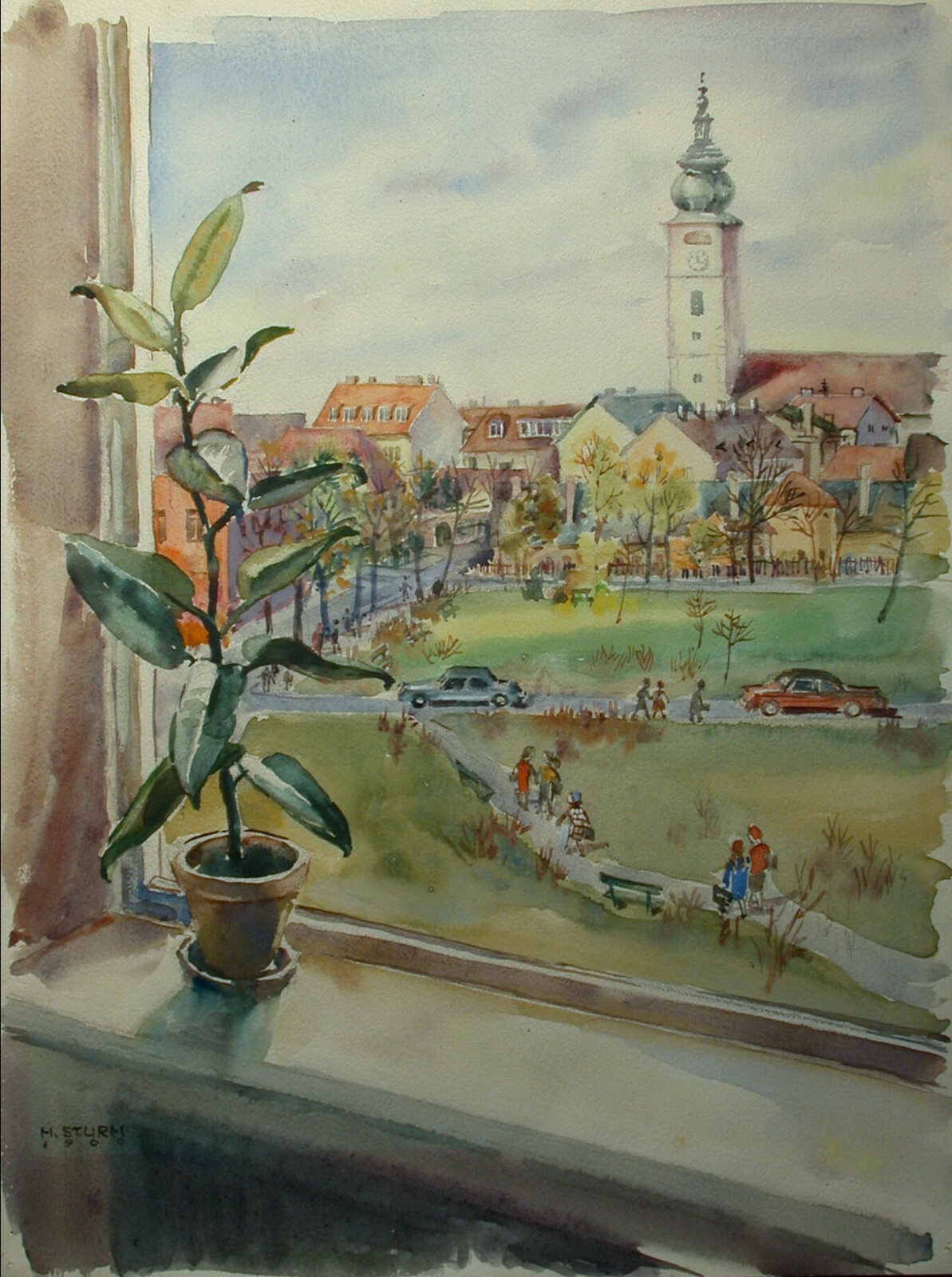 Maria Sturm (1913-1996) St. Pölten – Blick vom Fenster, belebte Straßen Ansicht.