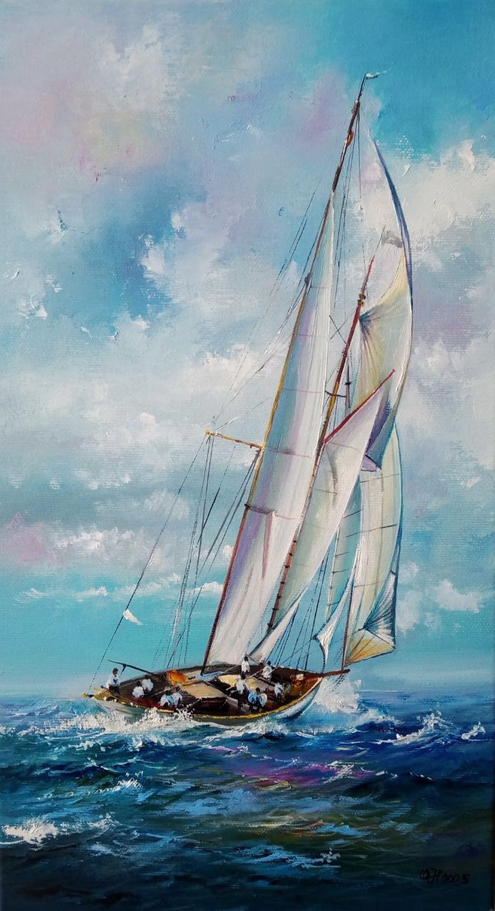 Sailing Yacht Original Oil Painting 40×20 cm – Marine Seascape Art