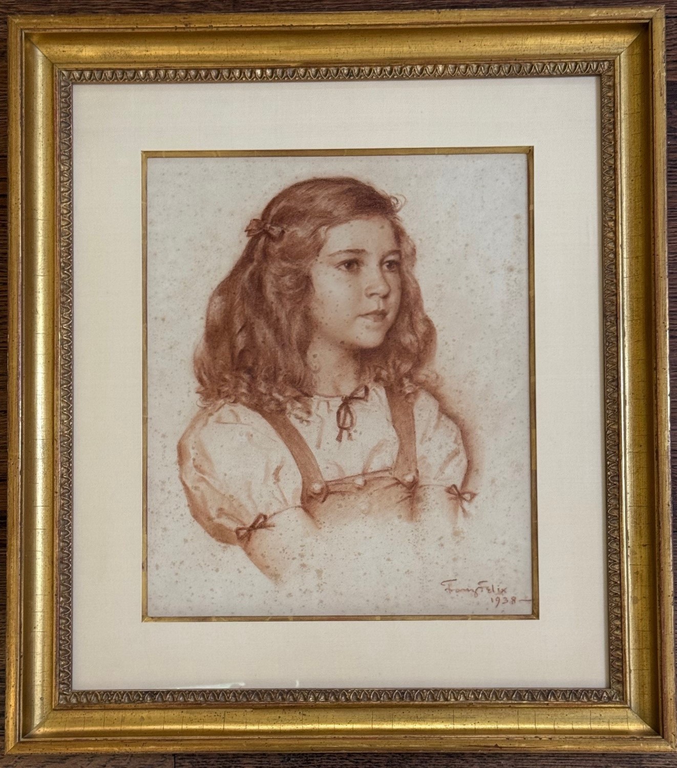 Original 1938 Franz Felix Sepia/Pencil Girl Portrait on Paper Painting