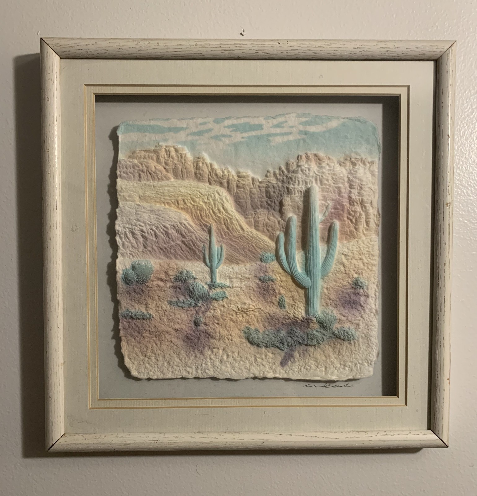 90s original signed Wess Hand Cast Paper Art Southwest Arizona Desert Cactus