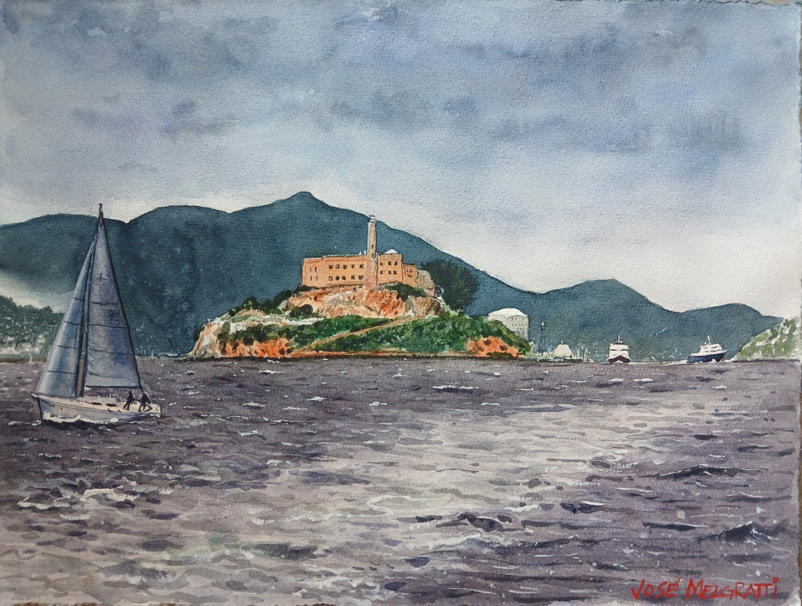 Original Painting in Watercolor «Alcatraz, San Francisco» 16″x 12″