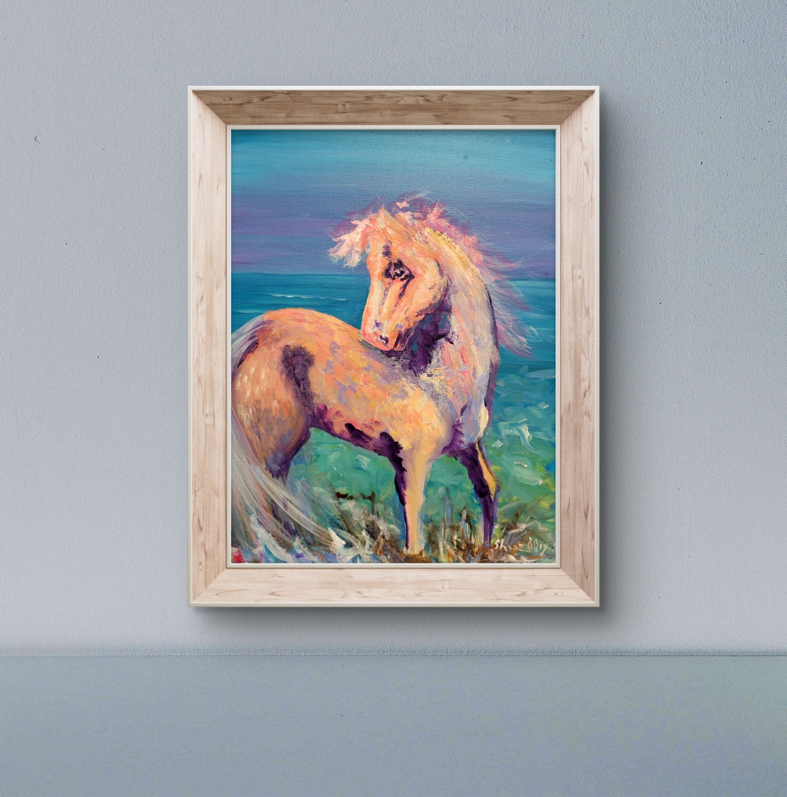 Original Modern Horse OnBeach Acrylic Painting 14 X 11 Hand Painted signed