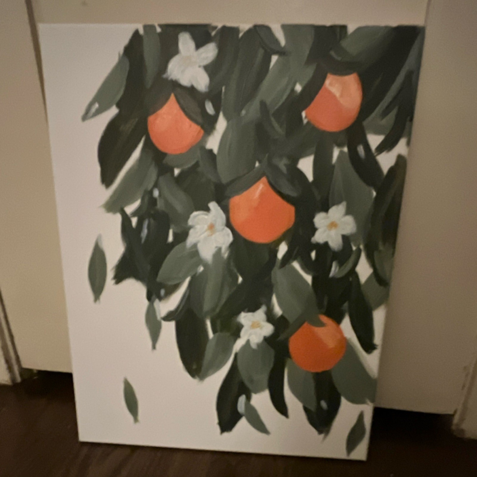 Original Acrylic Painting of Oranges, Leaves, and Flowers on Canvas, Modern Art