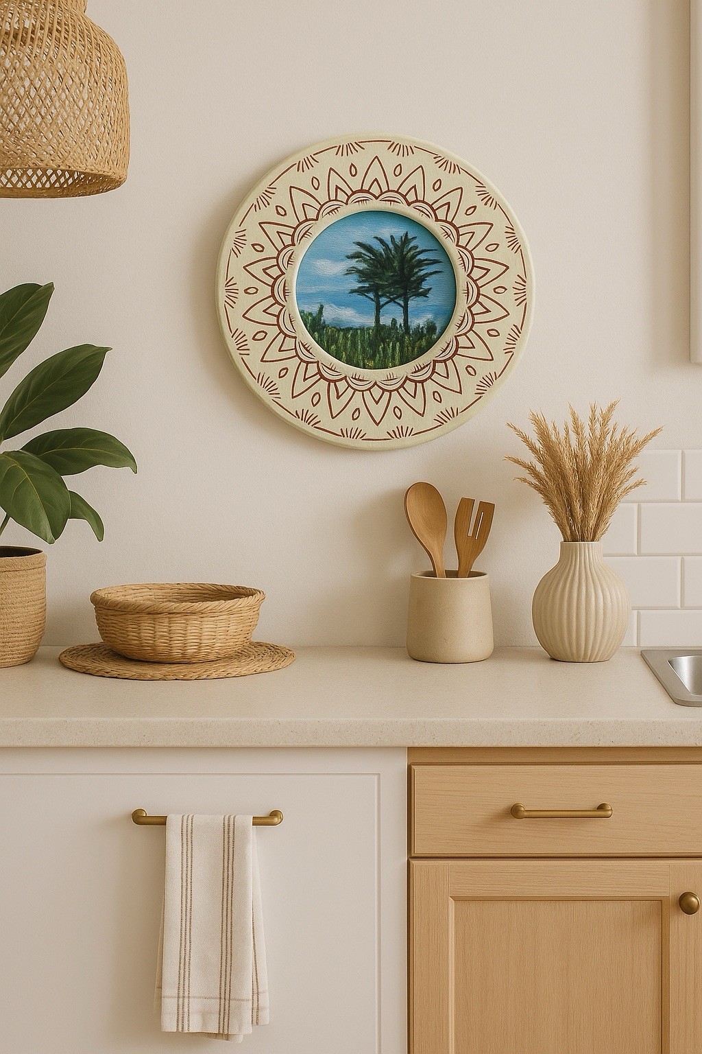 California Cypress Tree Painting Framed Round Coastal Landscape Wall Art
