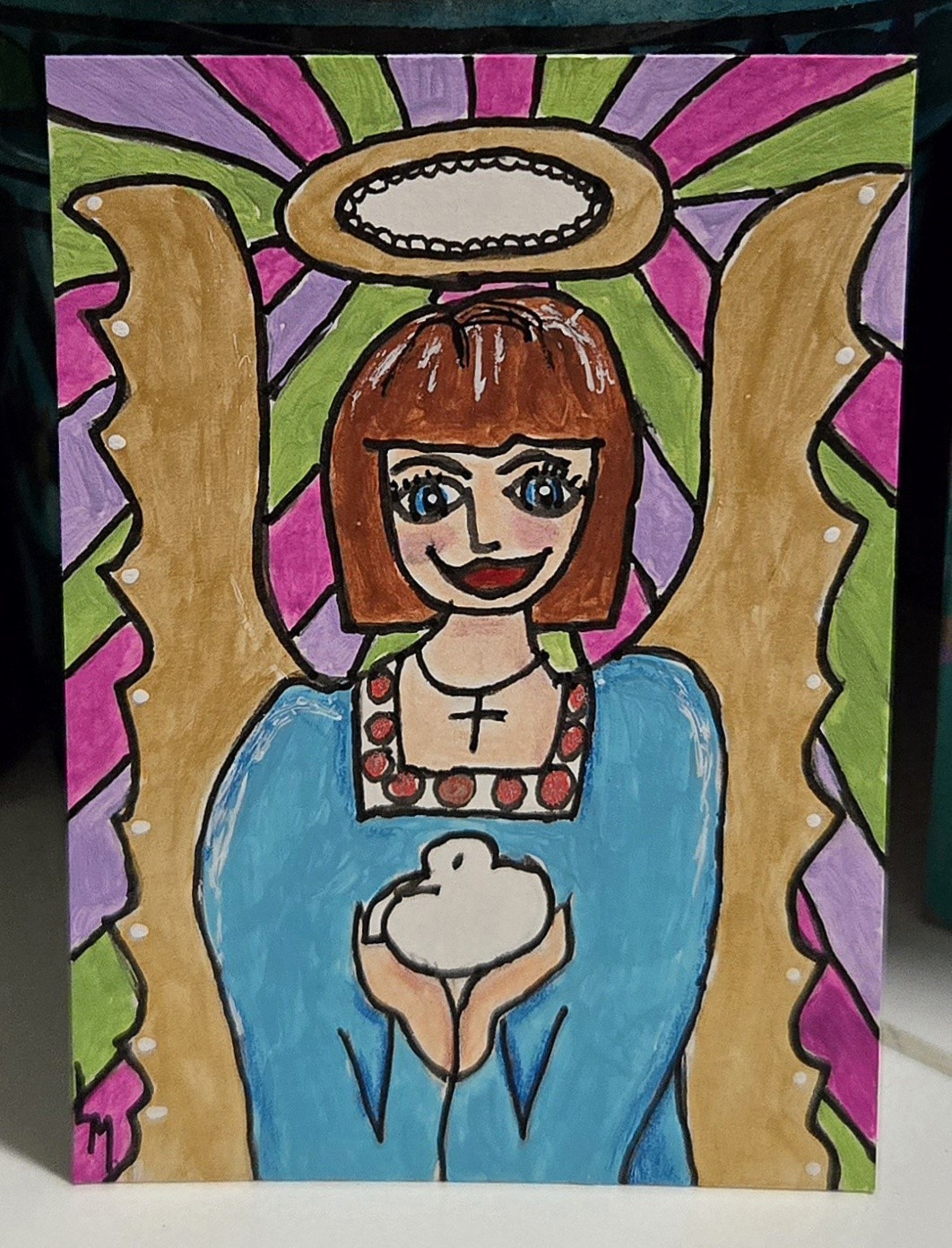 ACEO Original Art Painting Folk Art Angel Holding Dove OOAK ATC Mini