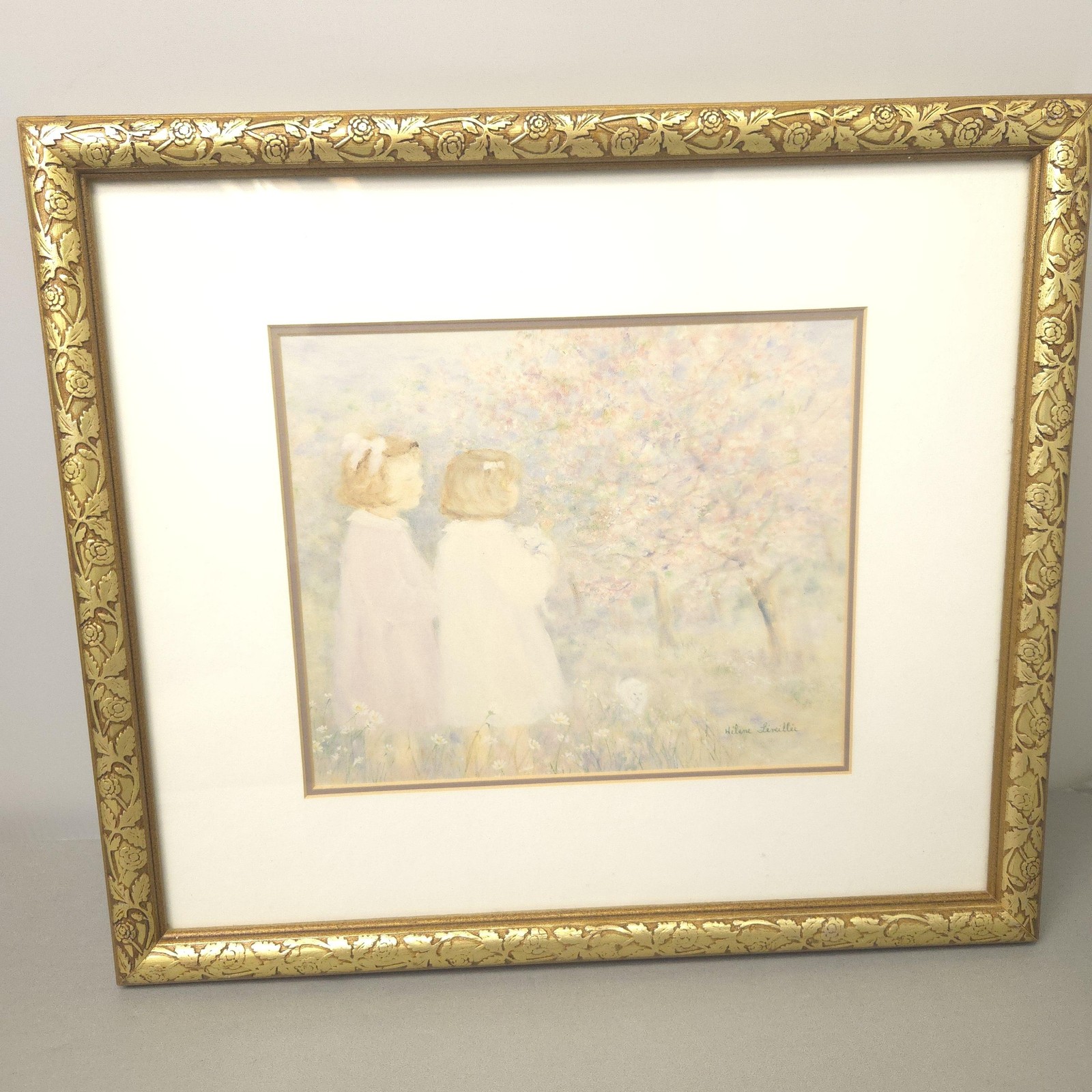 Vintage Hélène Léveillée Children in Garden Print Signed Framed Gold Floral Art