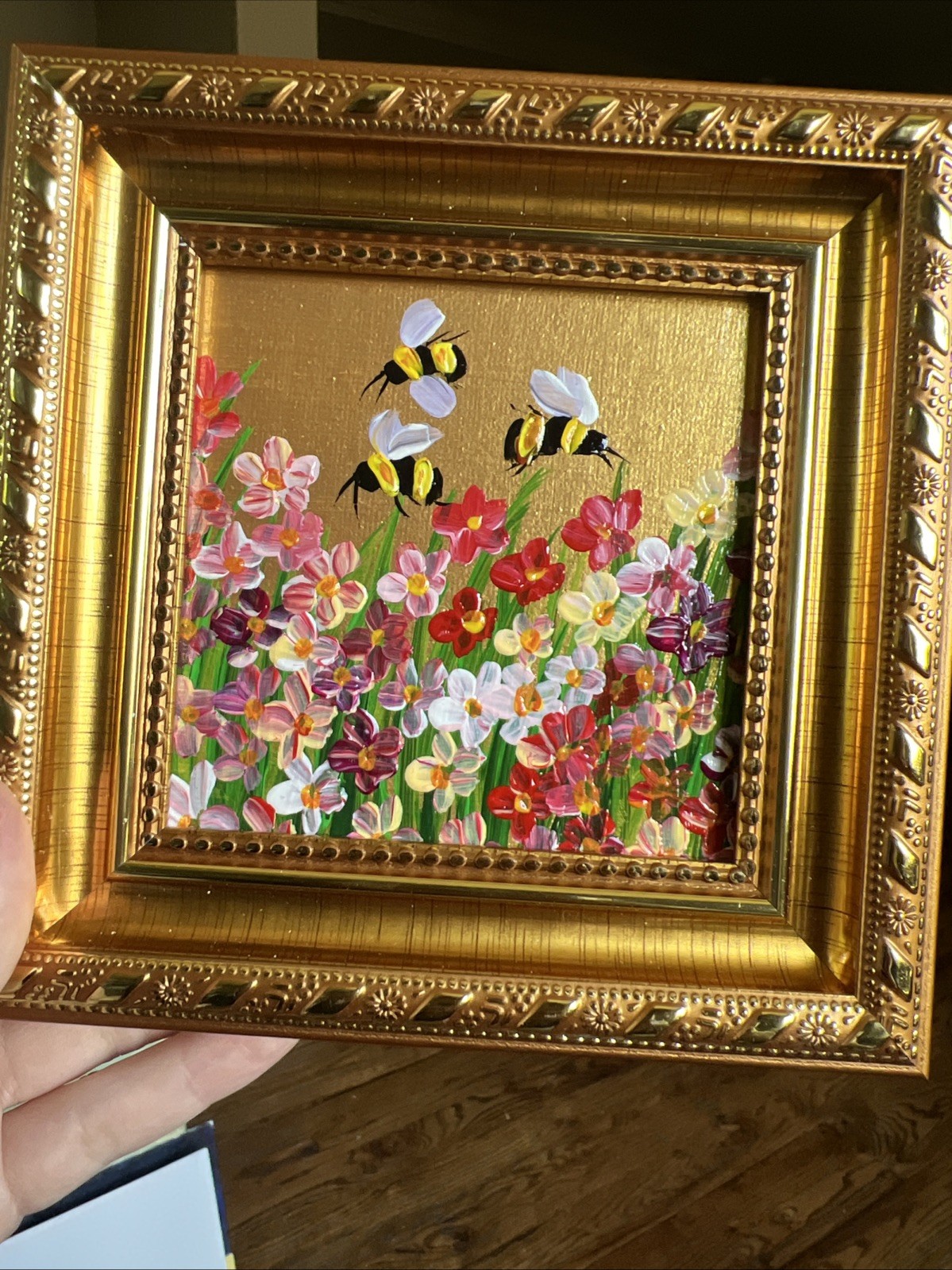 Bee, Honeybee Wild flowers, original,miniature Painting,small,mini, Framed