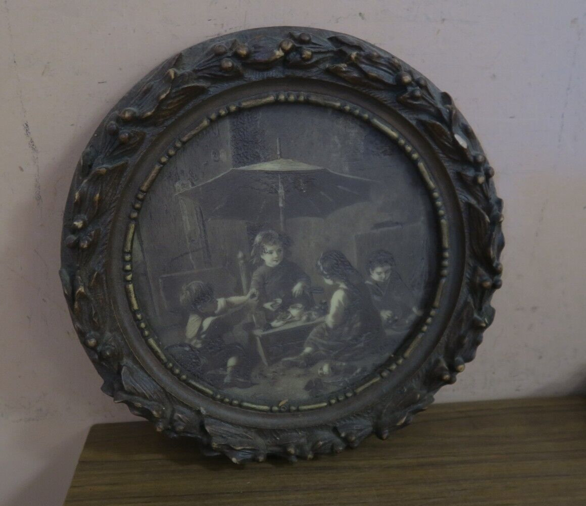 Vintage Artini Engraving Painting Etched 9″ With 13″ Ornate Frame Children Play