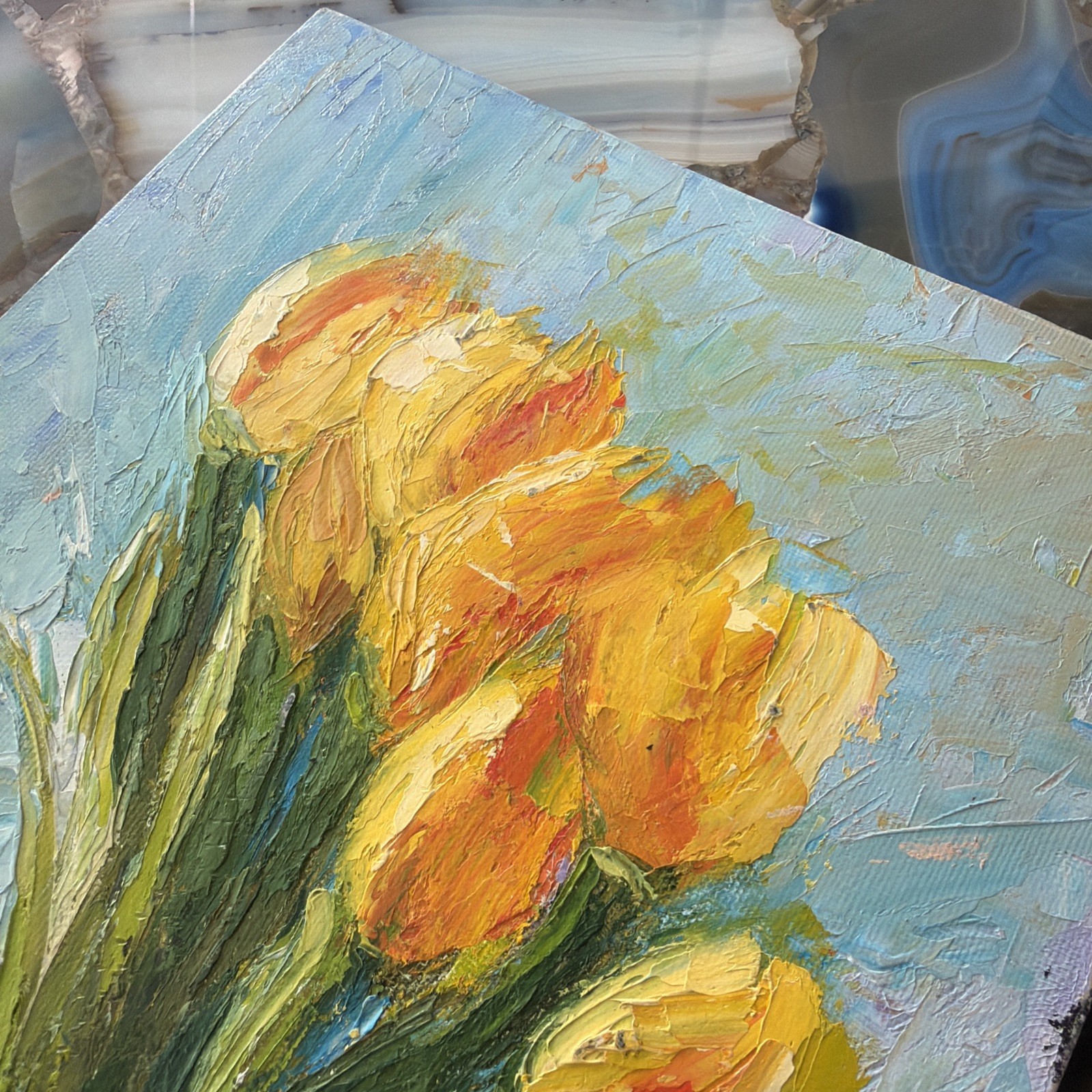 Original Signed Artwork HandPainted Yellow Tulip Flowers Painting10”x8”on Canvas