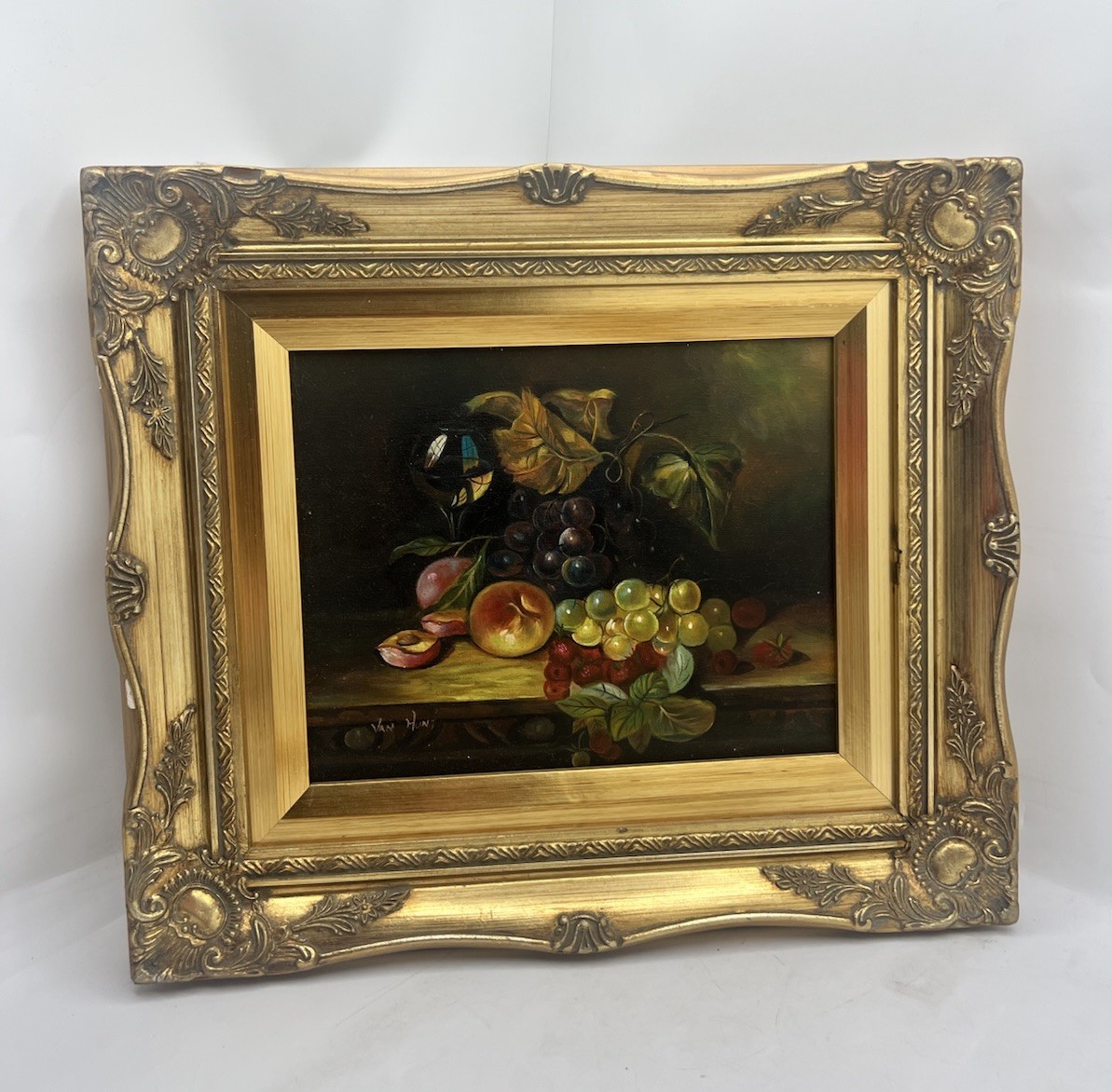 Vintage Signed Van Hunt Still Life Oil Painting Fruit Grapes Wine Glass Framed