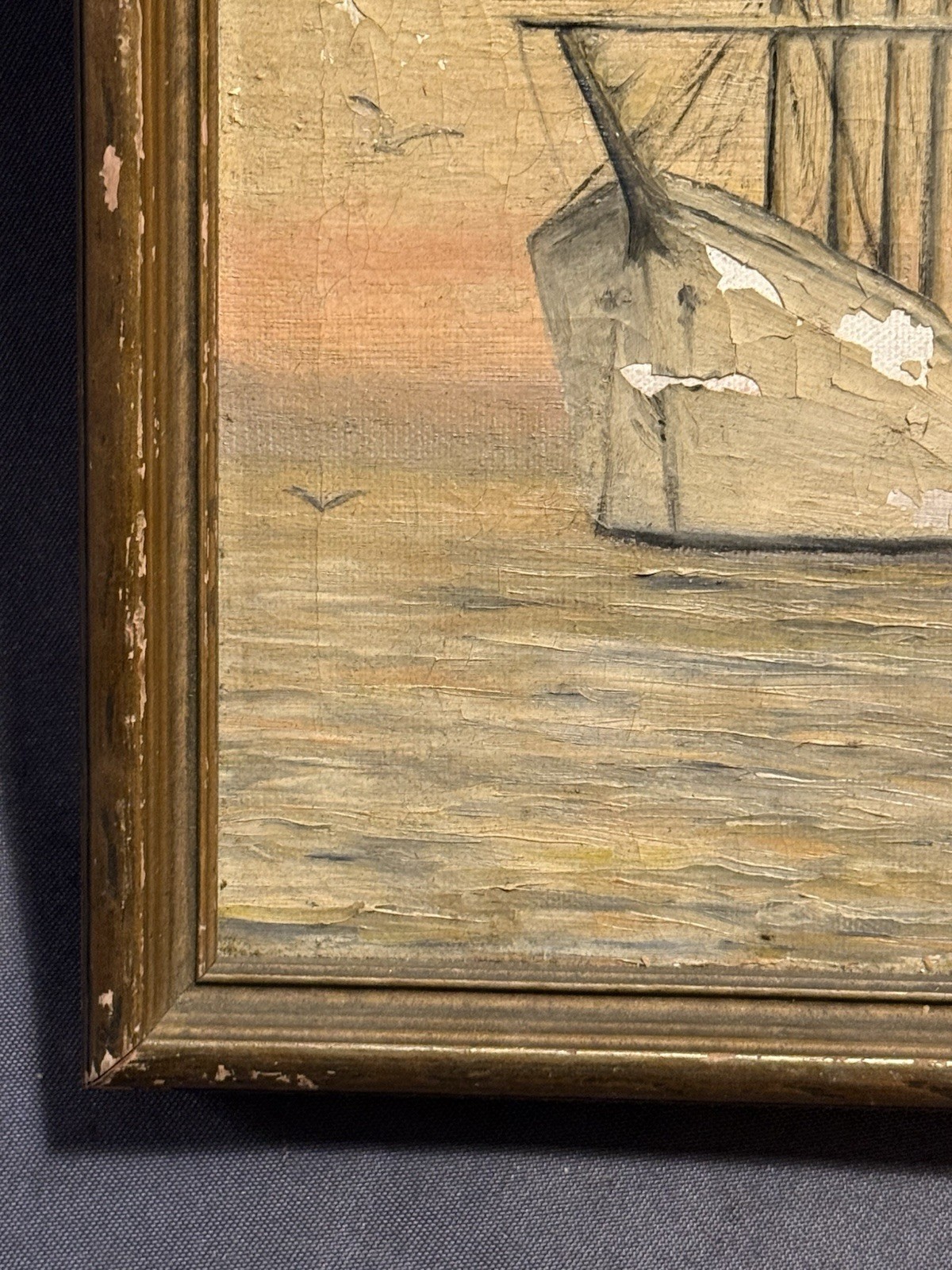 Small Antique Nautical Maritime Oil on Canvas Ship Painting