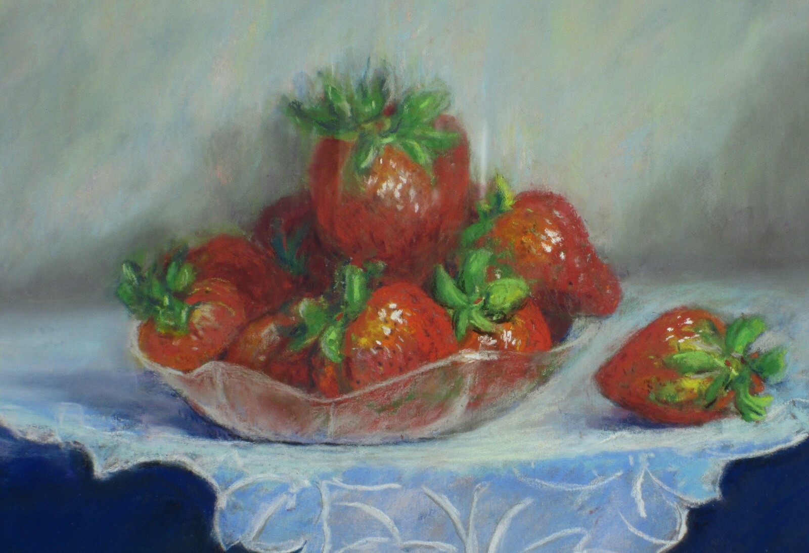 Fong Ling Pastel Painting Drawing Strawberries in Bowl Framed 19 W 16-1/2in Tall