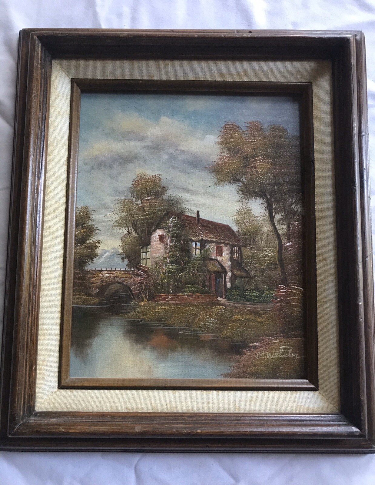 Original Oil Painting on Hard Board House Pond Landscape Scene Signed M. Webeter