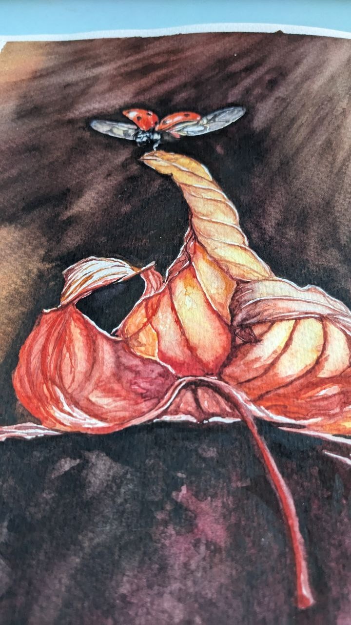 Autumn Orange Leaf & Ladybug Watercolor Painting Seasonal Fall Flying Insect Art