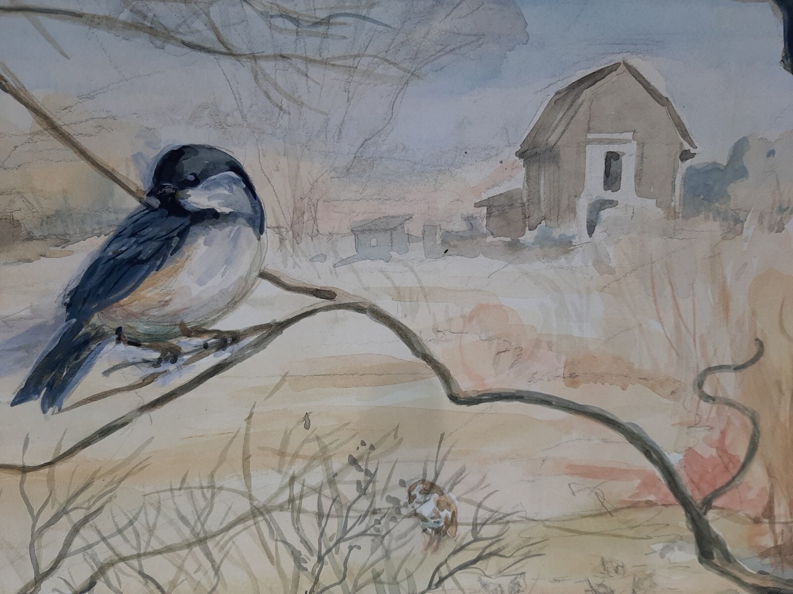 Orig Watercolor Landscape Chickadee at Fitts Hill KAY CHRISTIE SHAW, Scituate MA