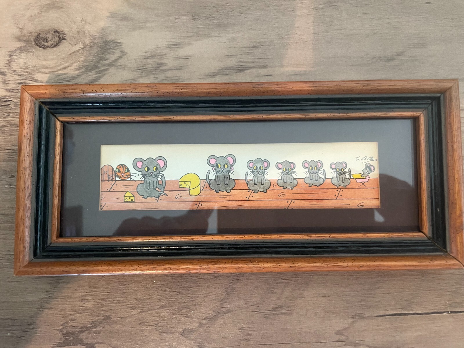 CAT & MOUSE Watercolor Framed/Signed 8 x 3 1/2