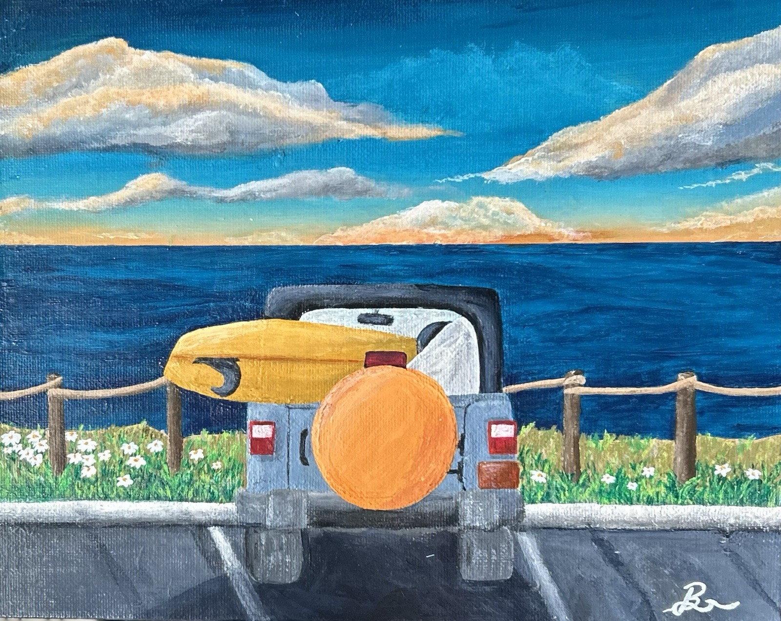 Original Sunset Ocean Surf Painting, Nautical Coast Art