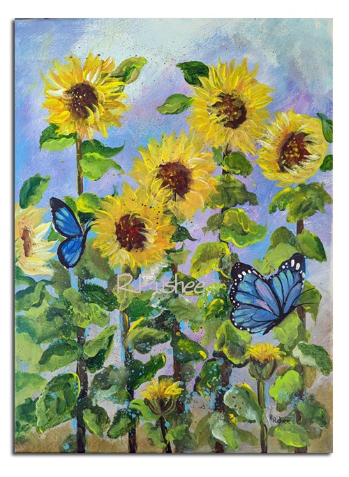 ORIGINAL Acrylic Painting. Textured, Sunflowers and Blue Butterflies, 12×16