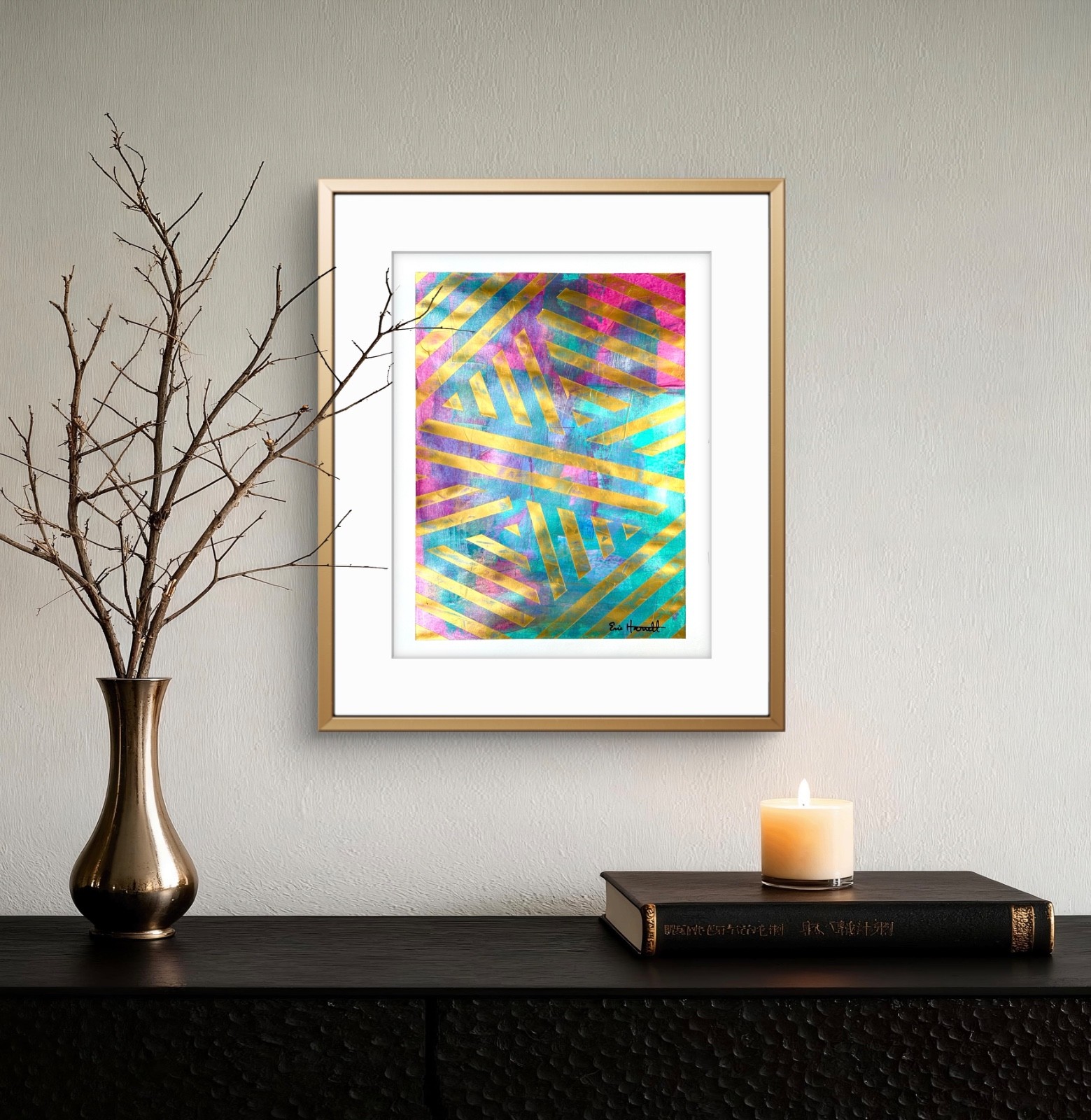 Original Gold Art 14×11 Paper Colorful Modern Abstract Expressionist Painting