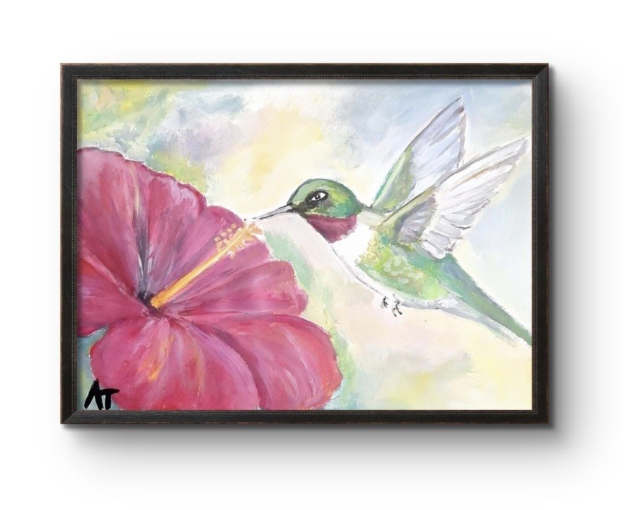 Original Golden 9×12 Impressionist Hummingbird Acrylic Paper Signed Home Decor