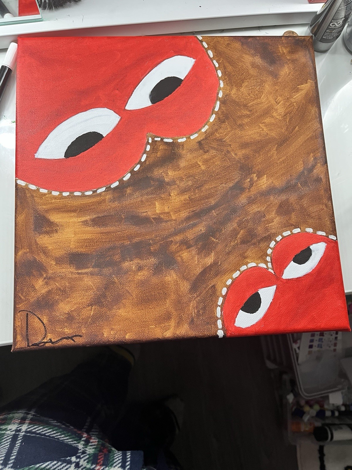 Dan Signed Original Abstract Pop Art Eyes Mask Flower Paintings Set Canvas