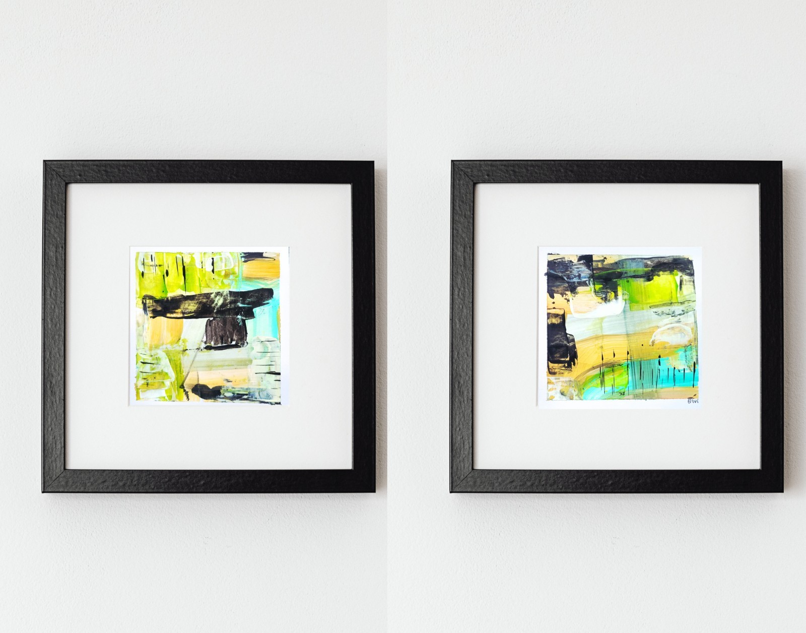 Elvi Set Of 2 Green Abstract 4×4 Paintings On Heavy paper Acrylic Modern Art