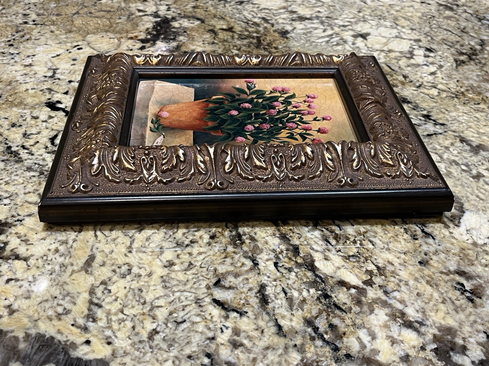 Signed European Pink Globe Amaranth Flowers Terracotta Pot Oleograph Framed Art