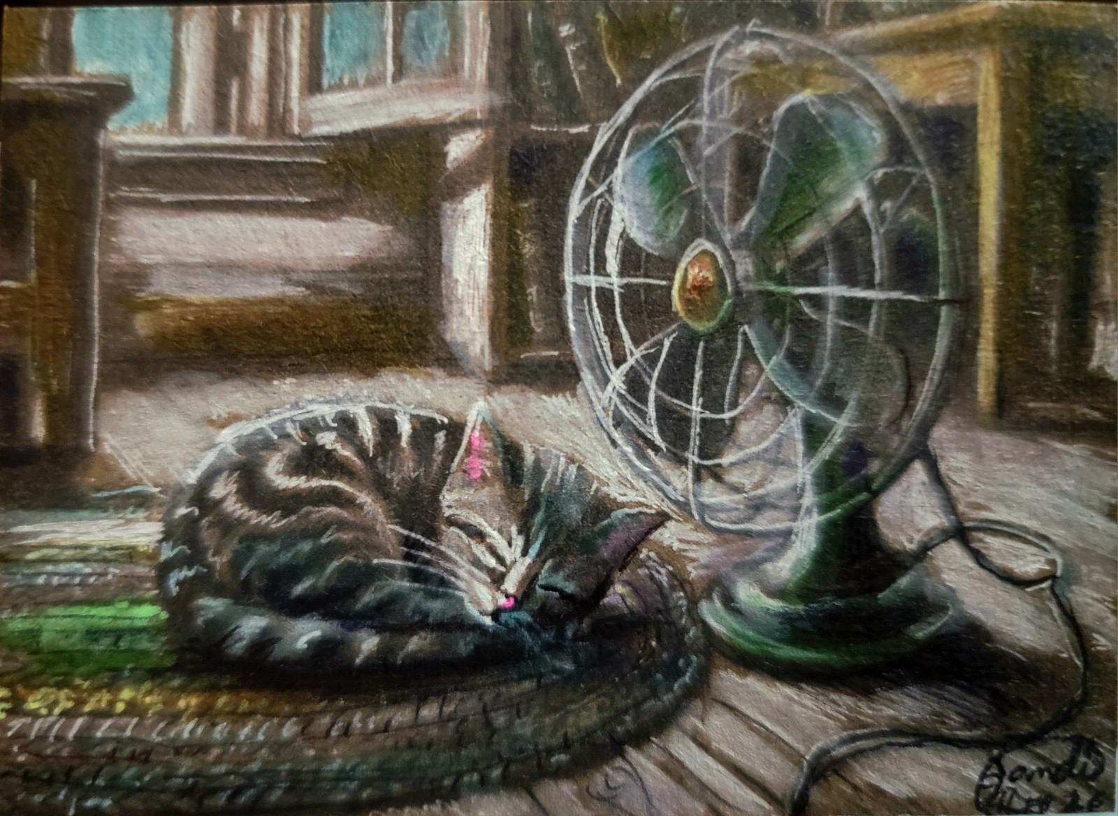 Jacob Landis HANDMADE ORIGINAL Whimsy ACEO Cute Kitten And Fan «A Cool Rest»