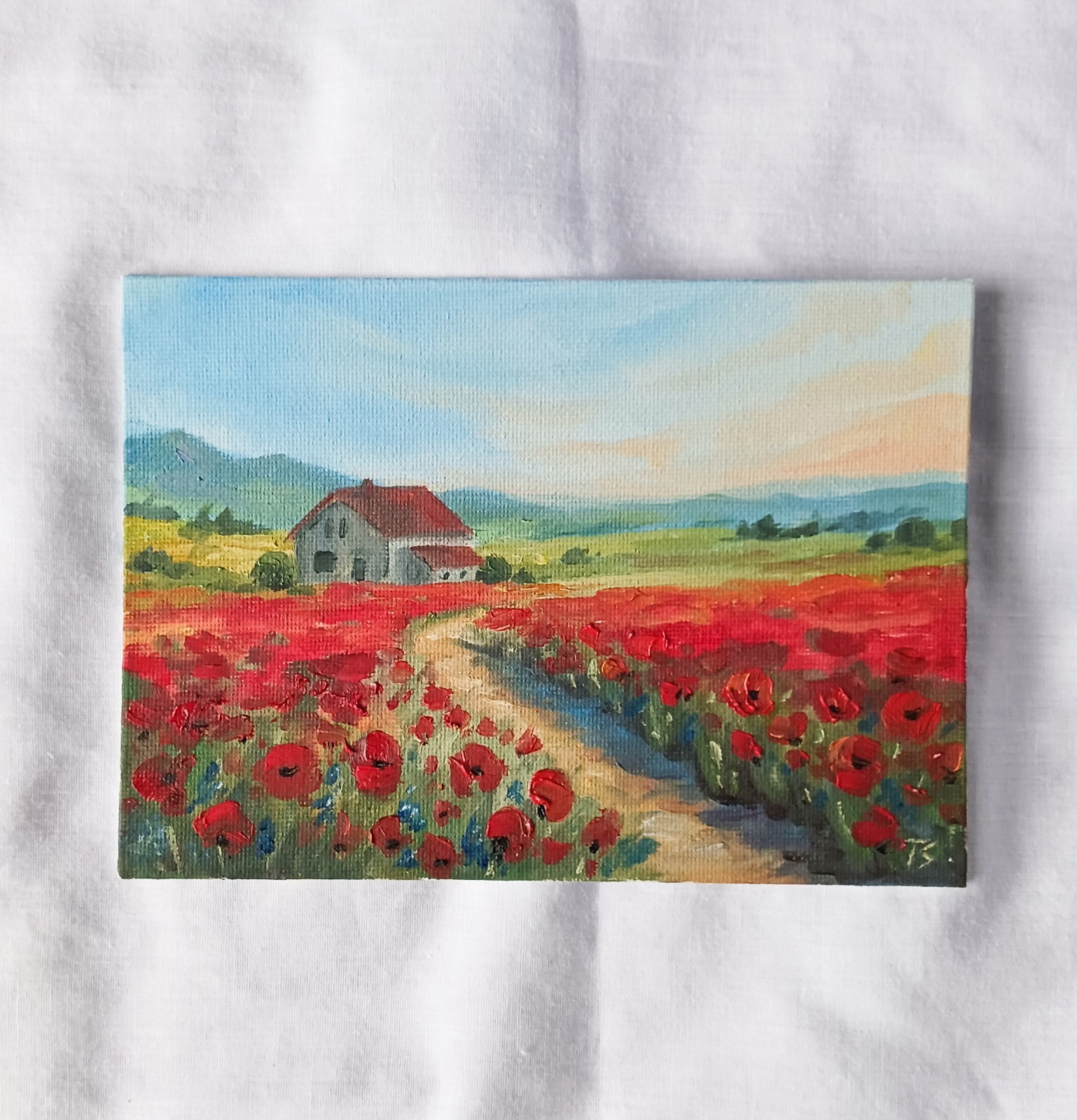 ORIGINAL Oil Painting Modern Impressionism Landscape House Poppy Field 5″x7″