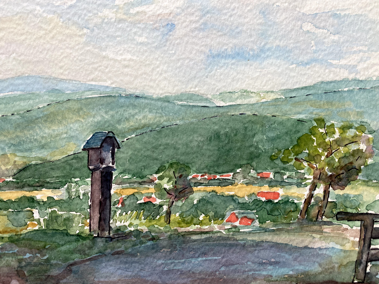 Watercolor Signed Hoffmann – Kirchzarten Black Forest Marterl Street Meadows