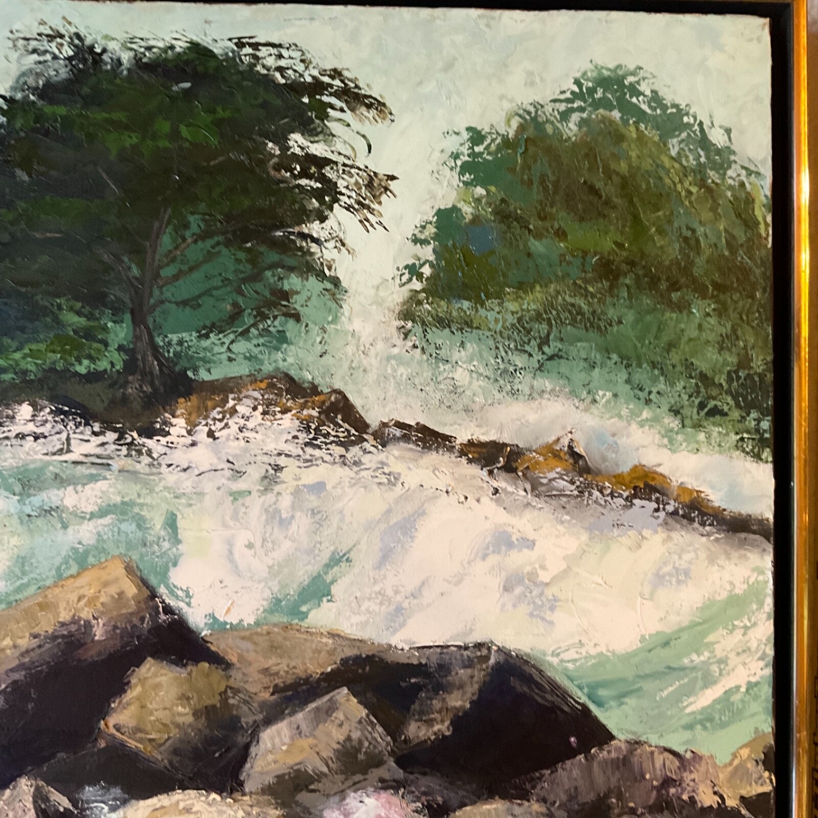 VINTAGE 70s abstract original hand painted oil PAINTING by Upton ocean teal blue