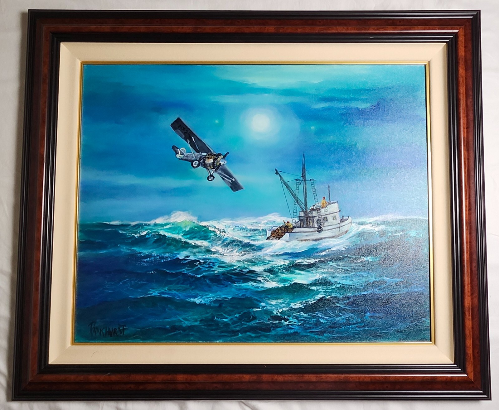Violet Parkhurst Original Oil Painting 24×30 Plane & Boat at Sea Signed