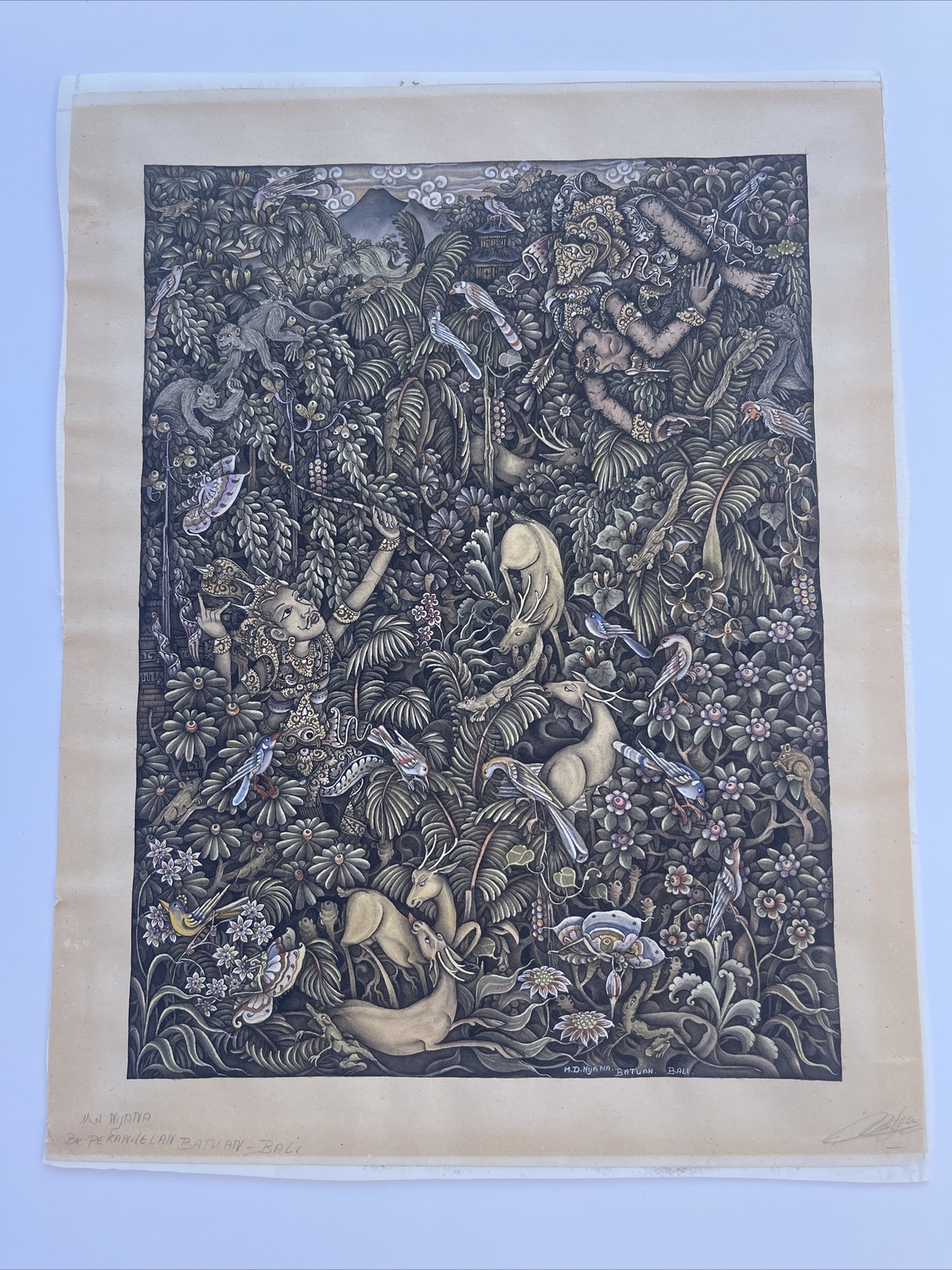 VINTAGE BALI PAINTING MASTERFUL TROPICAL M.D. NAYANA BATUAN FOLK PRIMITIVE RARE