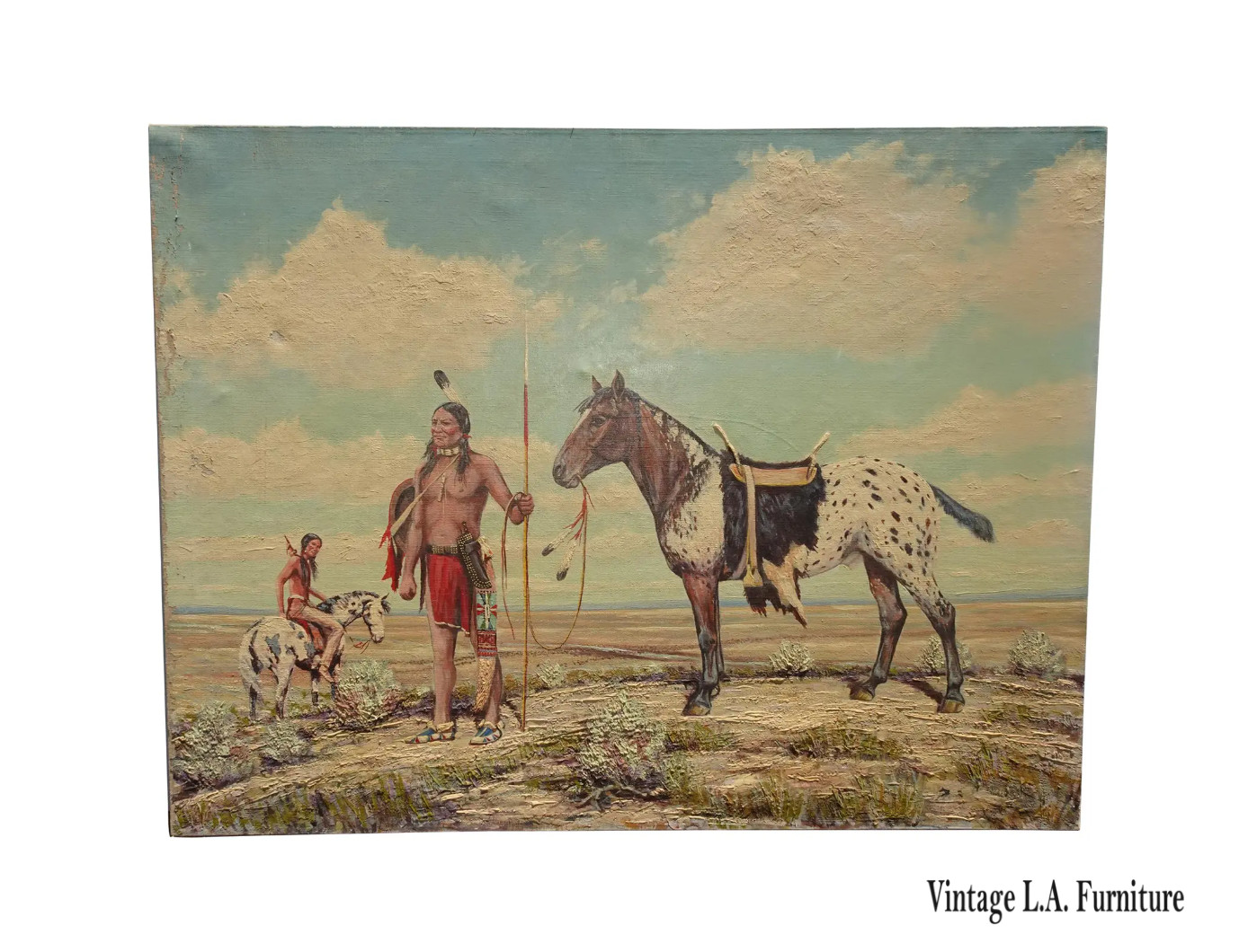Vtg American Indians w Horses Oil Painting Picture signed w Horse Monogram Fabri