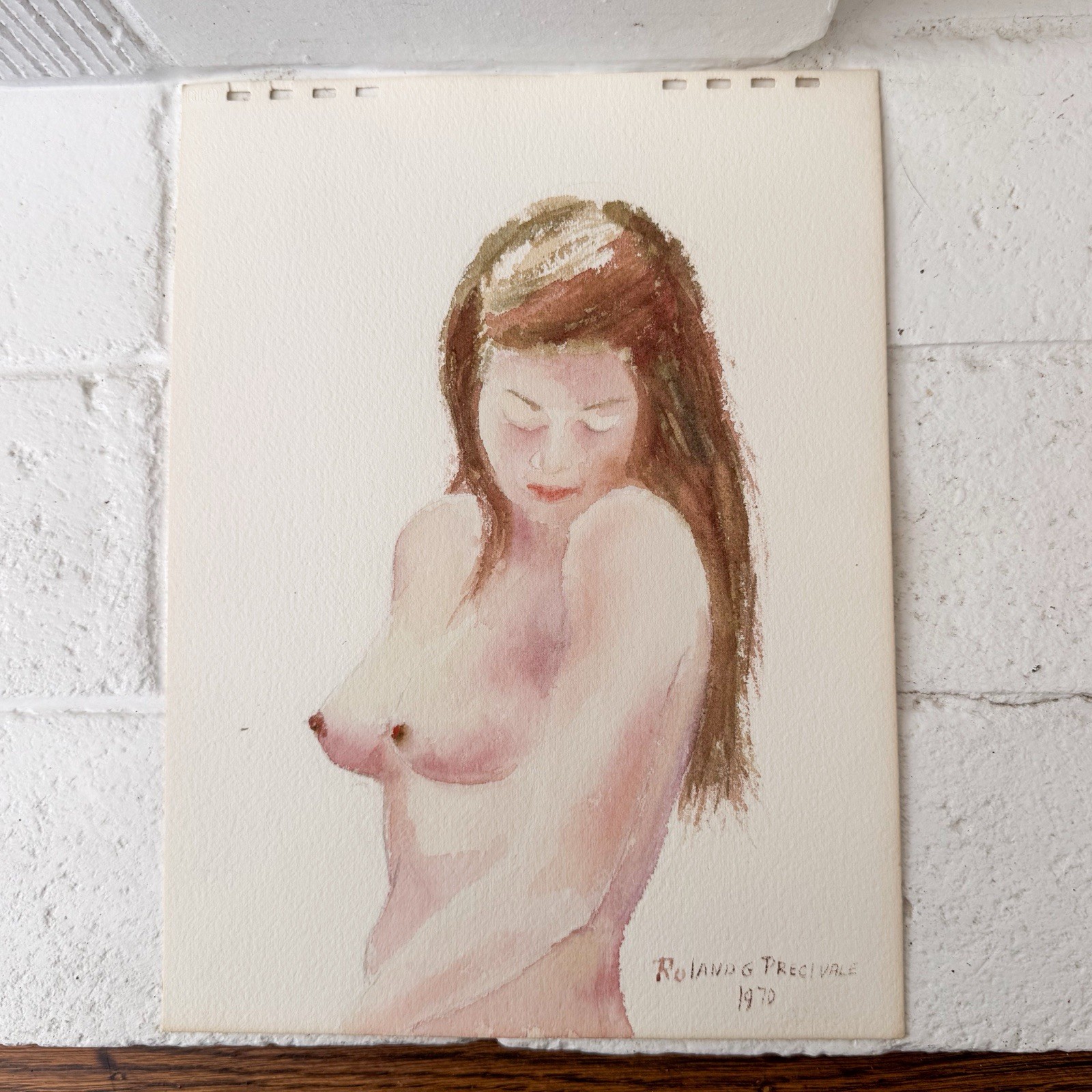 Vintage 1970 Signed Watercolor Nude Female Portrait Original Painting 12”x9”
