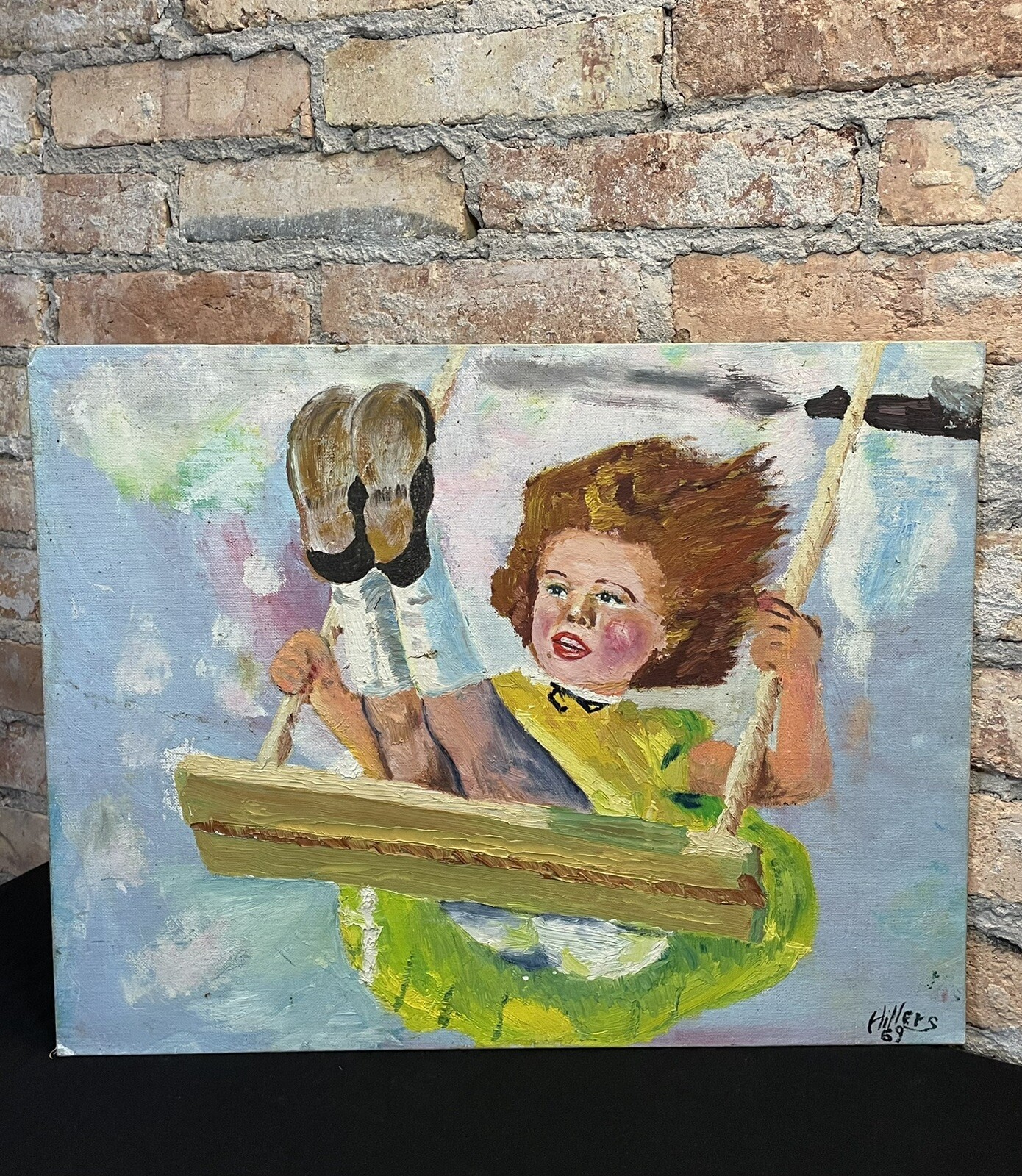 Vintage Painting Acrylic Girl On Swing Signed 1969 MCM 1960s Playground Folk Art