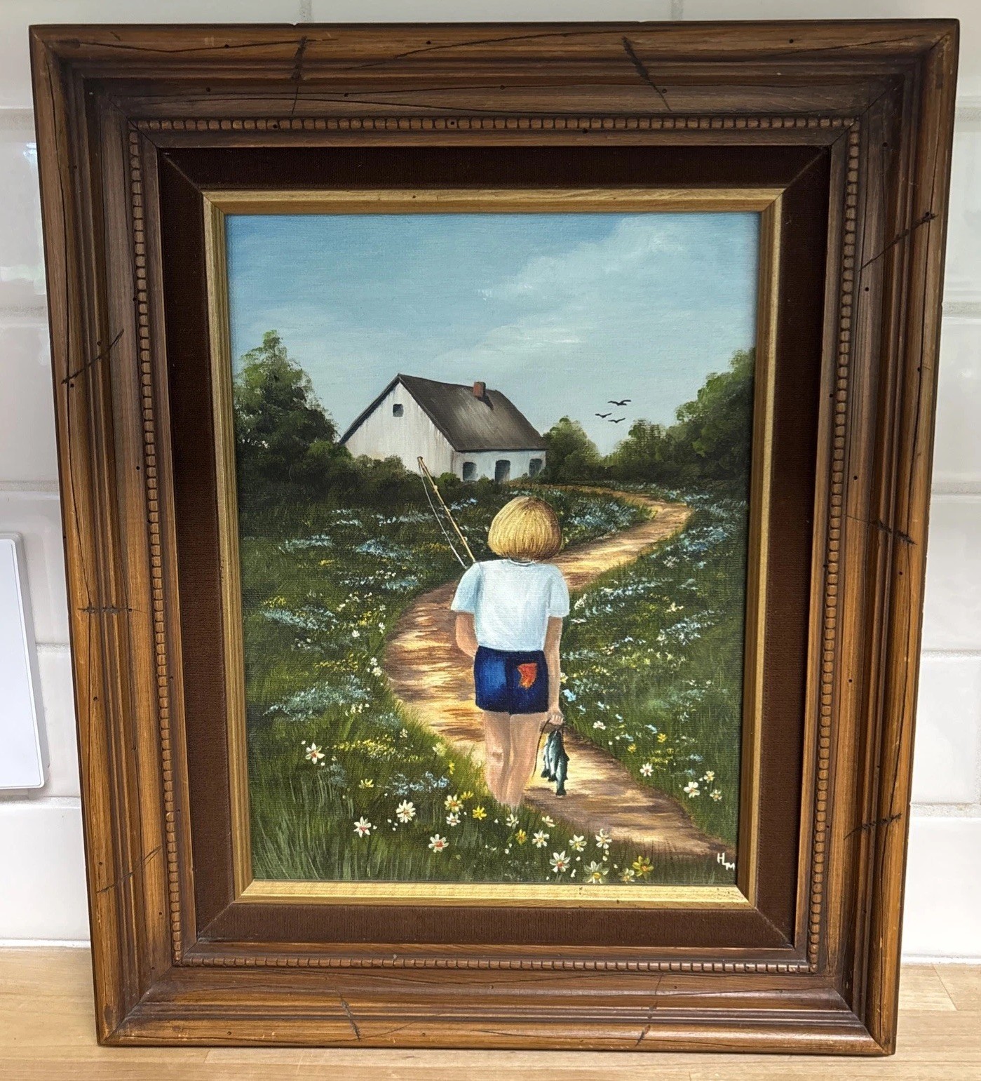 Vtg Original Painting Gone Fishing Child Winding Path Landscape Signed Framed