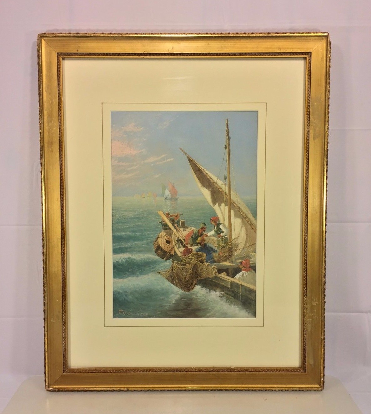 Antique Seth Corbett Jones Venetian Fishing Vessels Watercolor Matted & Framed