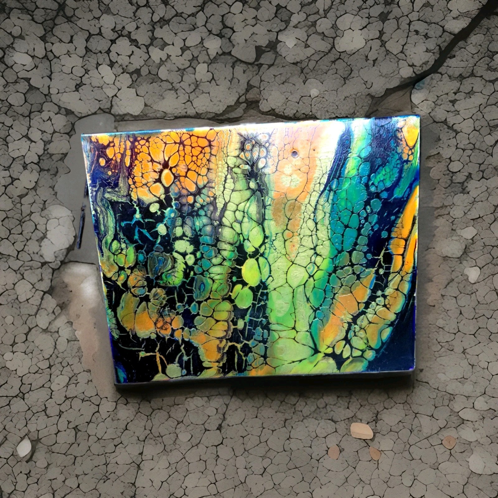 Acrylic Painting By JENNIERAE Small Canvas (Navy Blue, Orange, Yellow, Green)