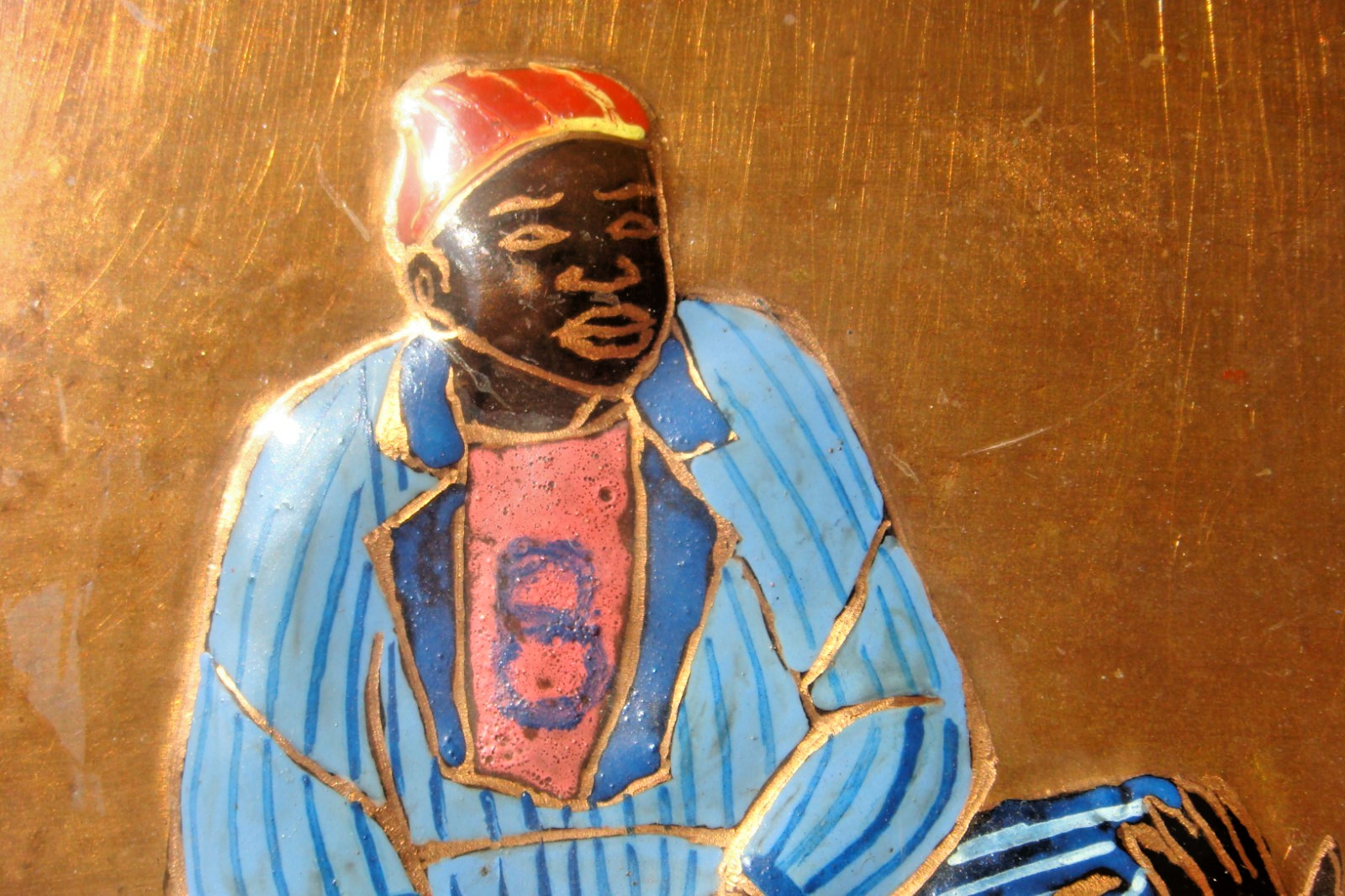 African Relief painting on copper signed by the Congolese artist Guycha Tshidibi