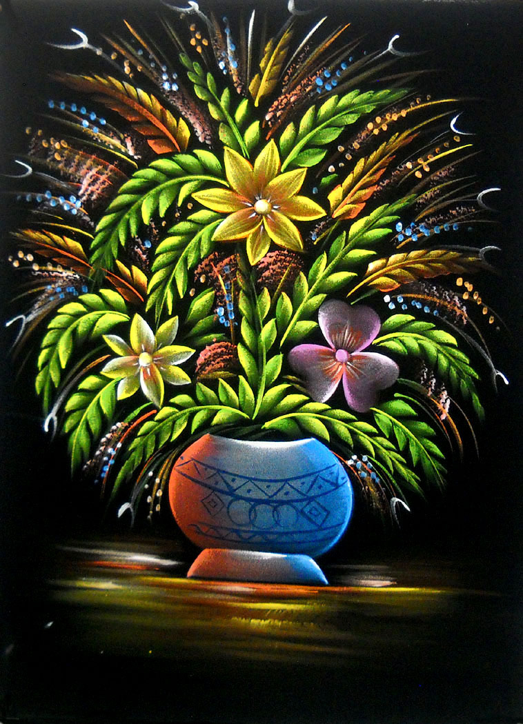 Beautiful Colored Flowers Pot India Oil Painting on Velvet Fabric 19″x27″ Inch