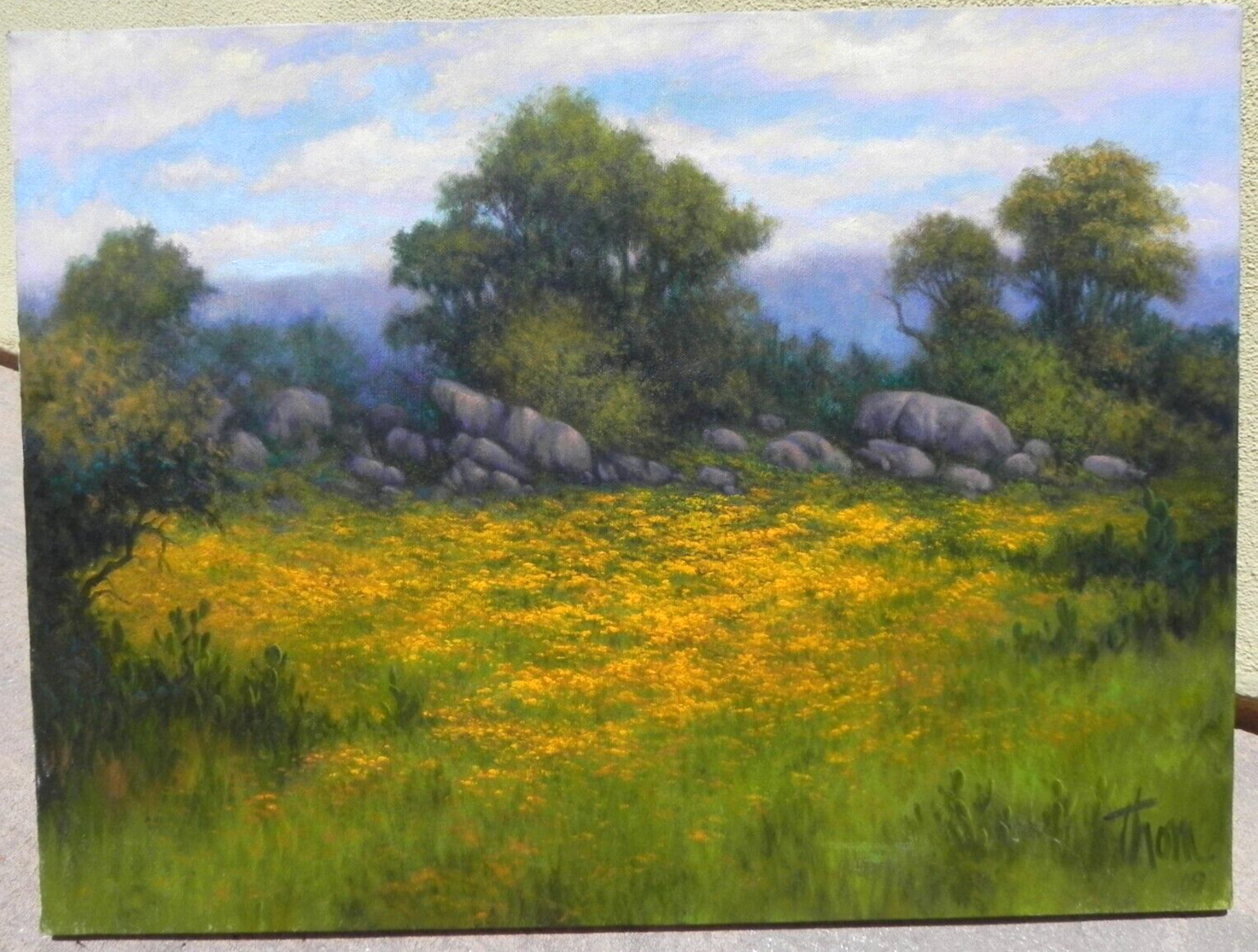 Texas bluebonnet school contemporary art flowering field Hill Country signed